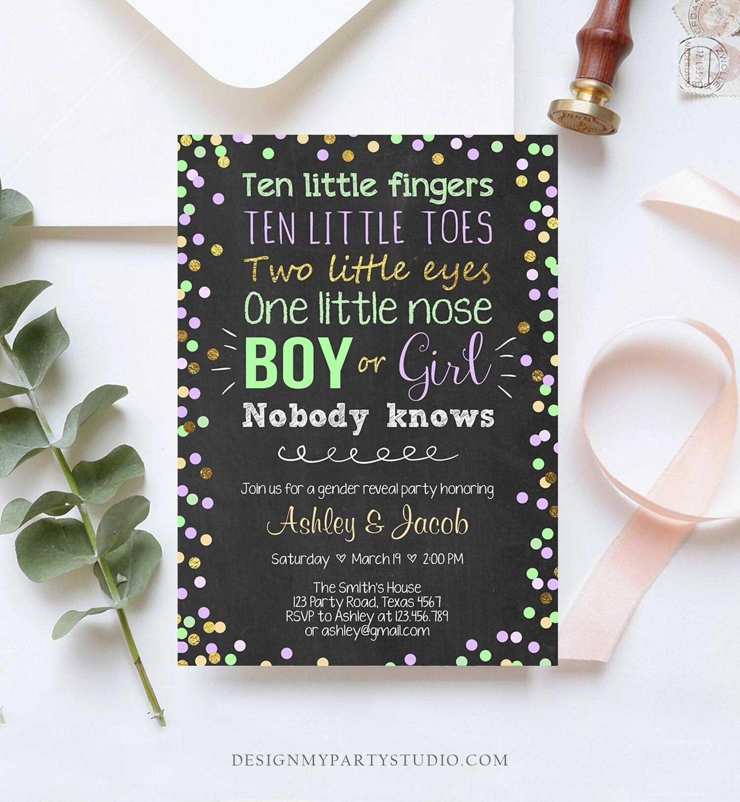 Editable Gender Reveal Invitation Baby Shower Boy or Girl Green Purple He or She Confetti Gold Corjl Template Instant Download Digital 0133