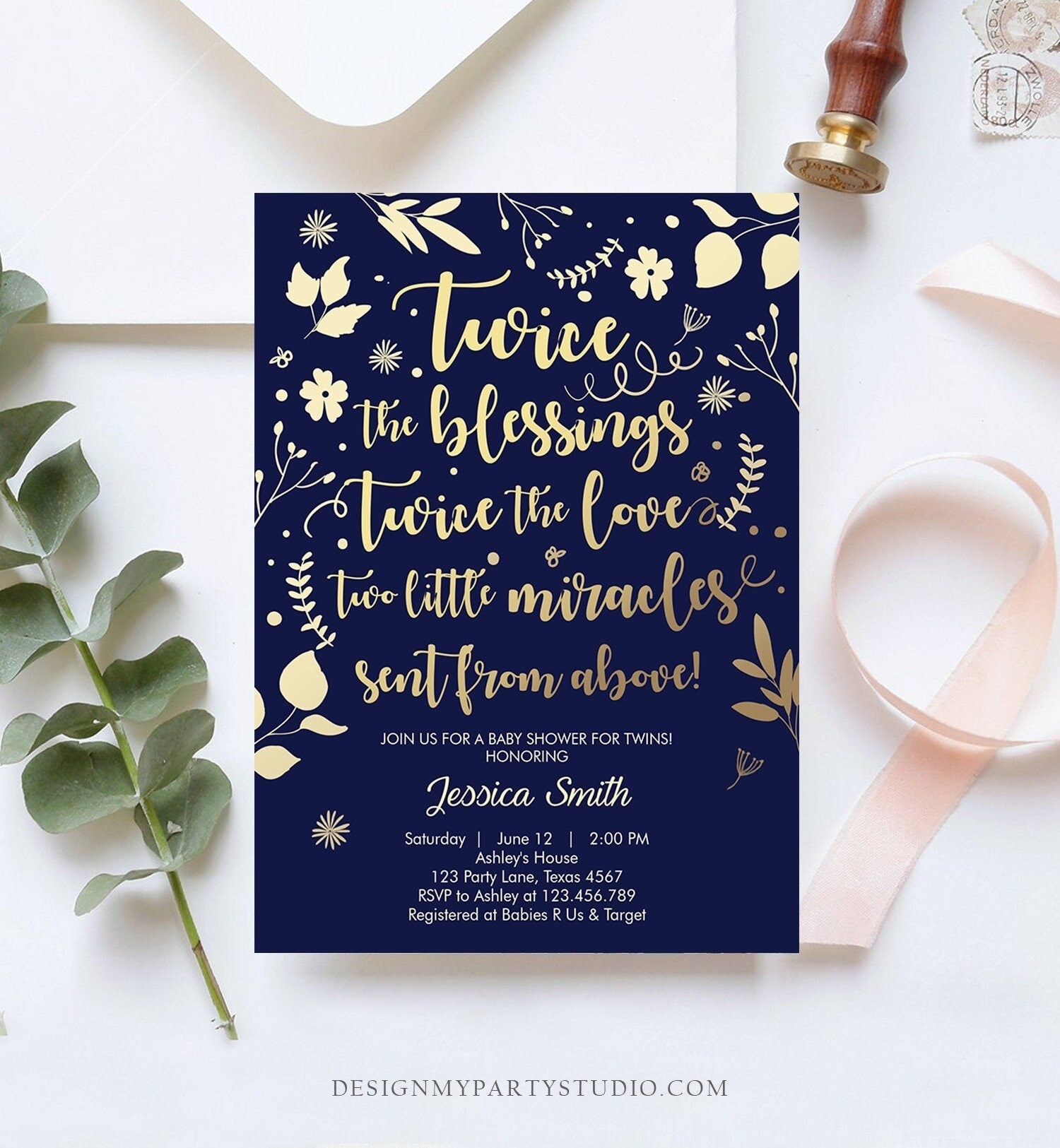 Editable Twin Baby Shower Invitation Twins Navy Gold White Blessings Rustic Modern Floral Gender Neutral Invite Template Download Corjl 0285