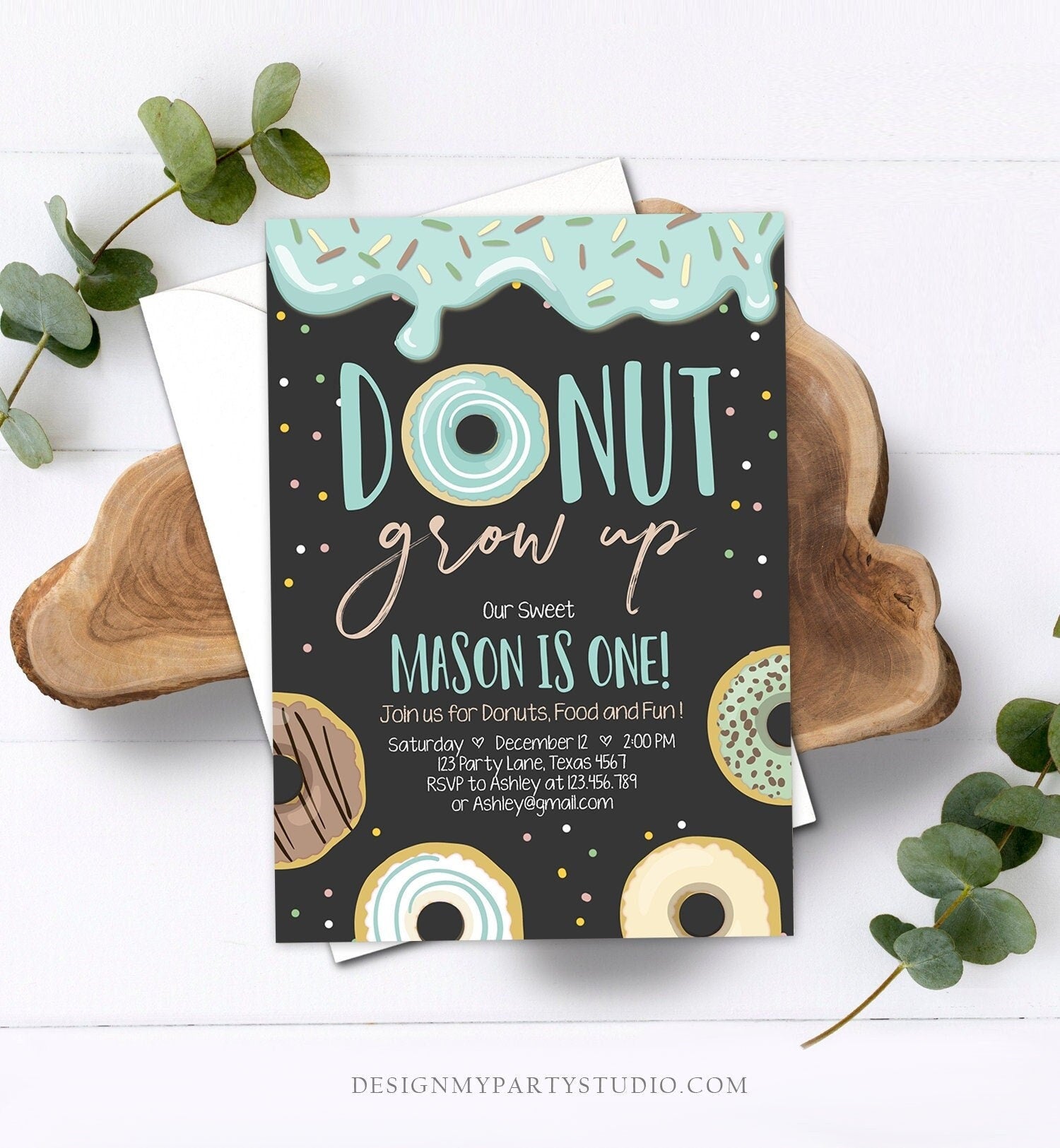 Editable Donut Grow Up Birthday Invitation First Birthday Party Blue Boy Doughnut 1st Pastel Chalk Download Corjl Template Printable 0320