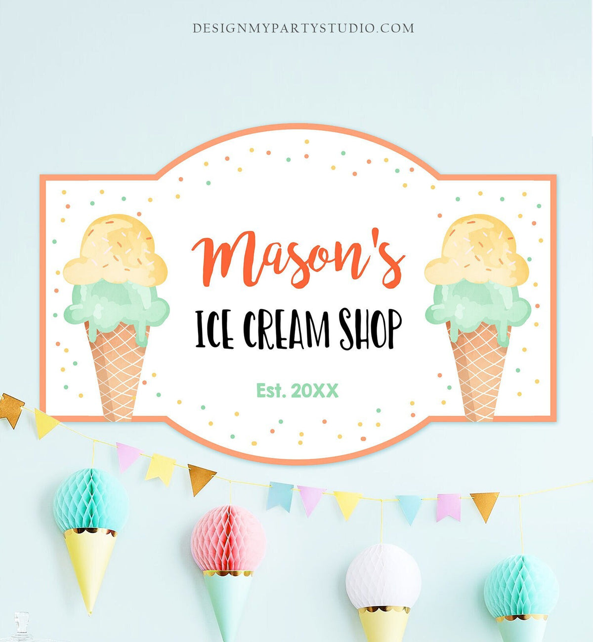 Editable Ice Cream Shop Sign Ice Cream Birthday Welcome Ice Cream Parlor Boy Girl Summer Yellow Mint Summer Digital Template Printable 0243