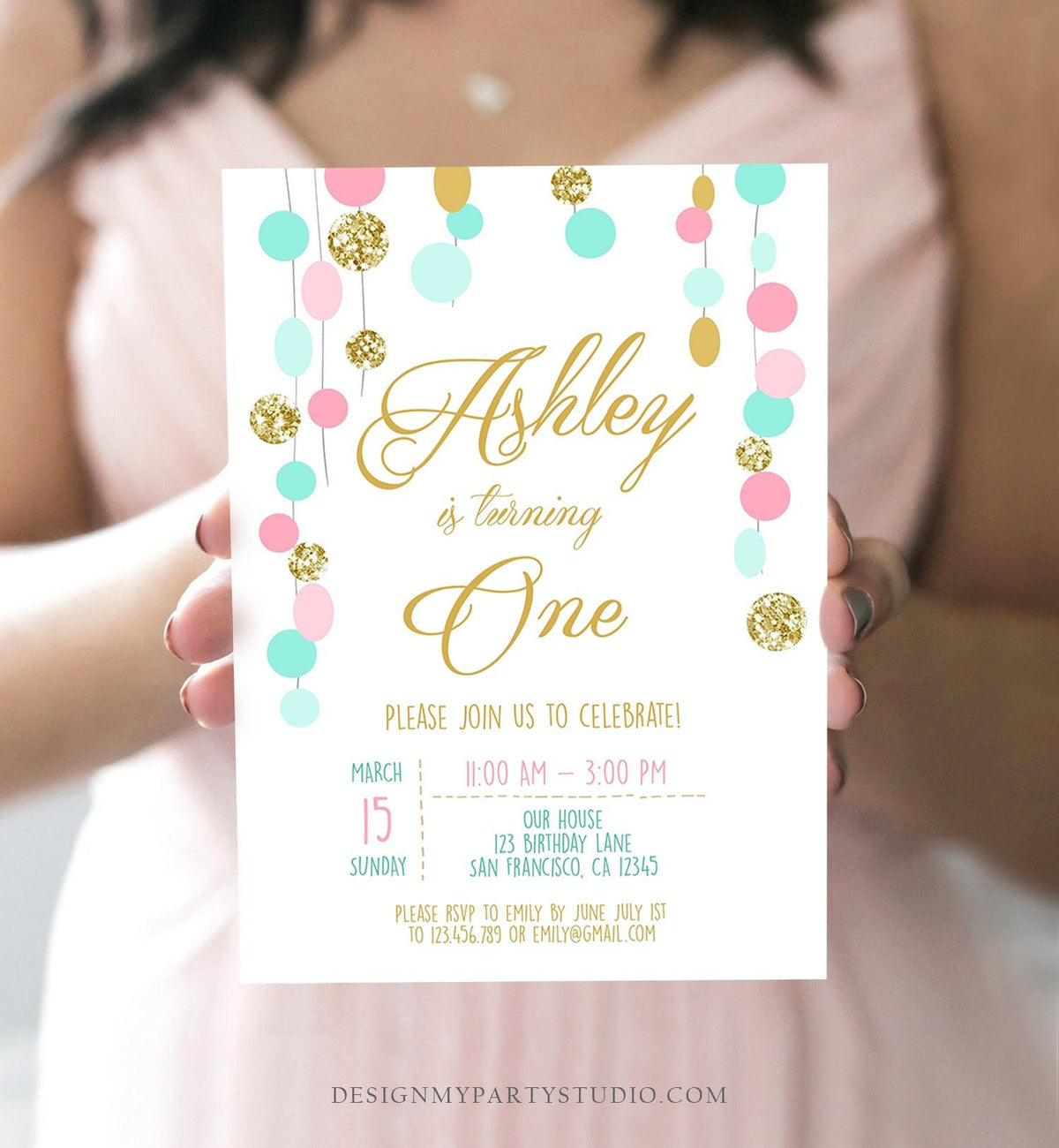 Editable Birthday Invitation Girl Confetti Pink Mint Gold First Birthday 1st Birthday Simple Printable Invite Template Corjl Digital 0245