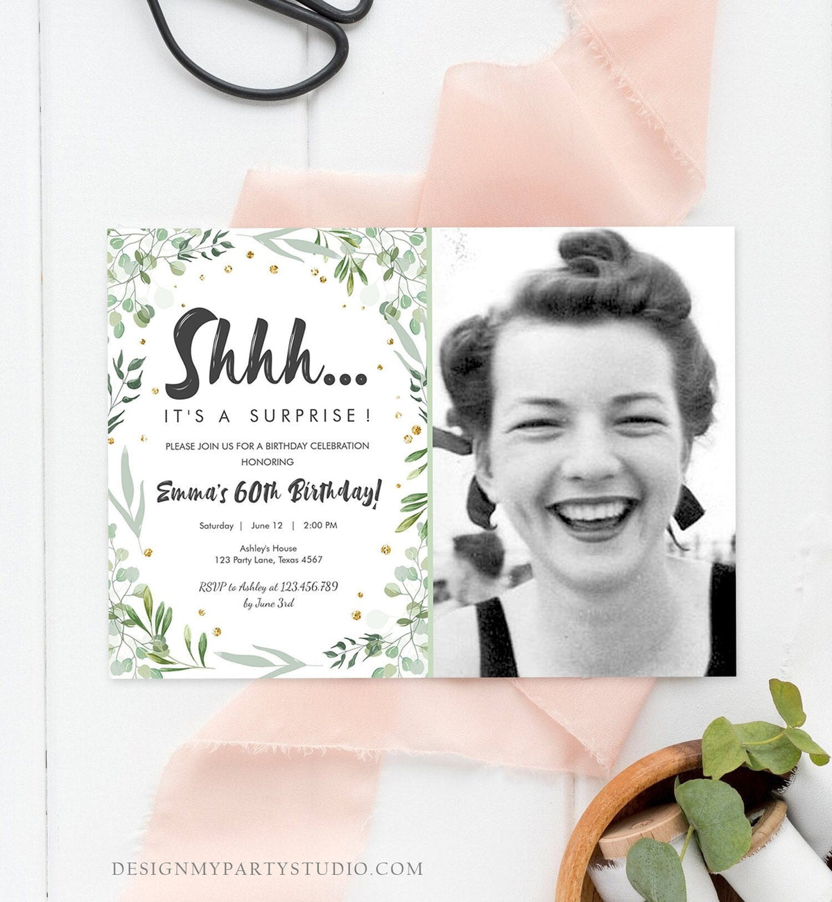 Editable Greenery Surprise Birthday Invitation ANY AGE Shhh Its It&#39;s A Surprise 30th 50th 60th Birthday Party Corjl Template Printable 0253