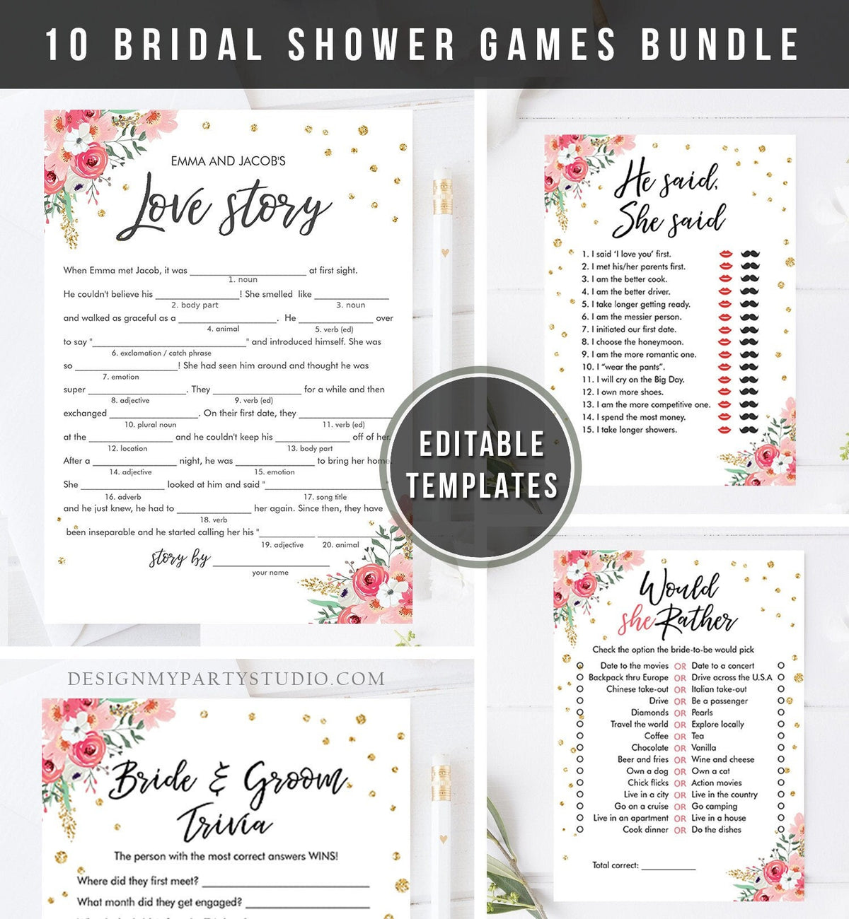 Editable Travel Adventure Floral Bridal Shower Games Bundle Wedding Shower Activity Pink Gold Confetti Corjl Template Printable 0030 0318