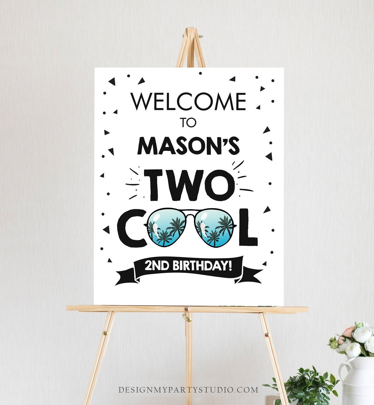 Editable Two Cool Birthday Welcome Sign 2nd Birthday I&#39;m This Many Welcome Boy Birthday Sunglasses Palm Template PRINTABLE Corjl 0136