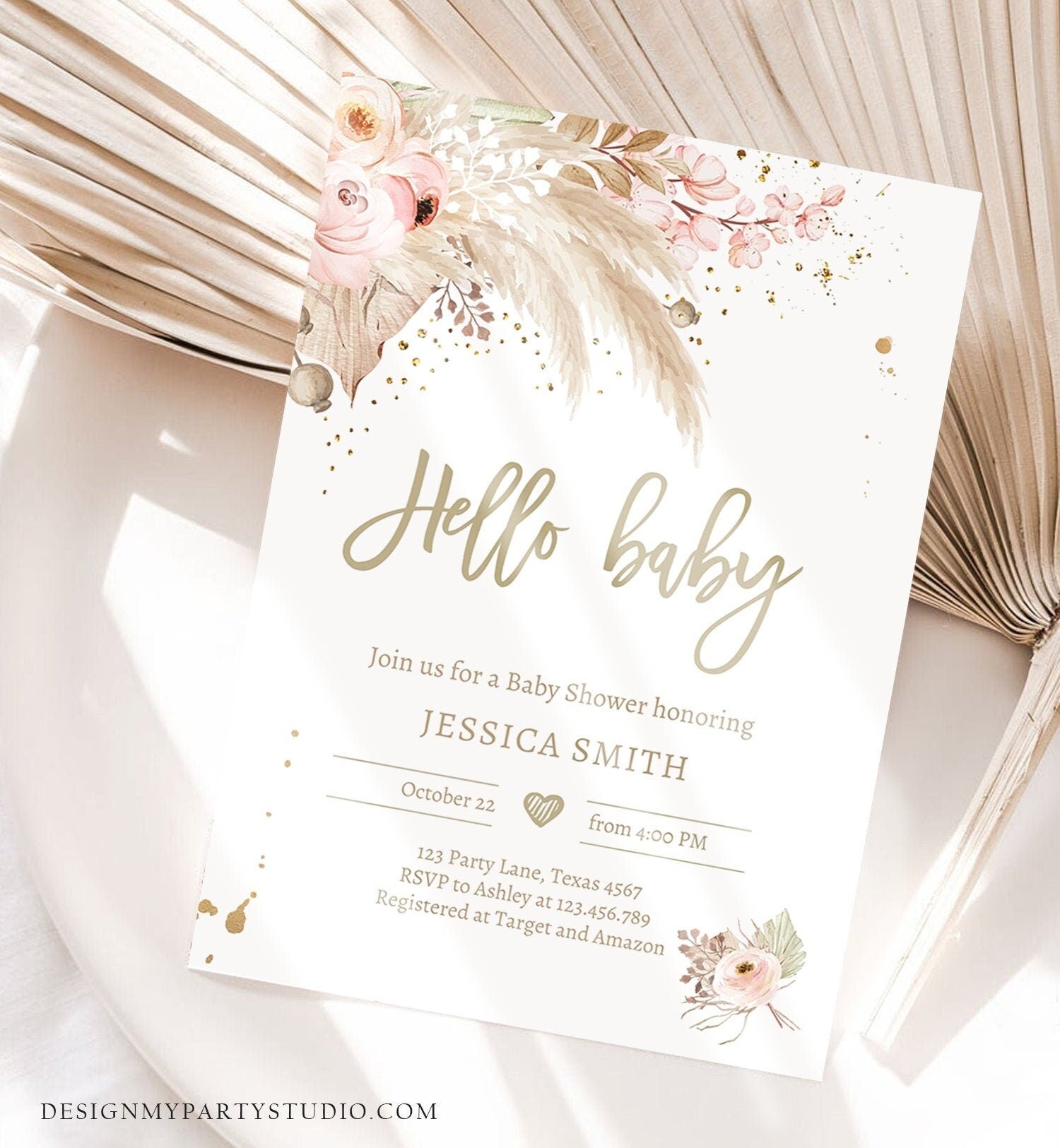 Editable Pampas Grass Baby Shower Invitation Boho Baby Shower Bohemian Shower Tropical Download Printable Invitation Template Corjl 0395