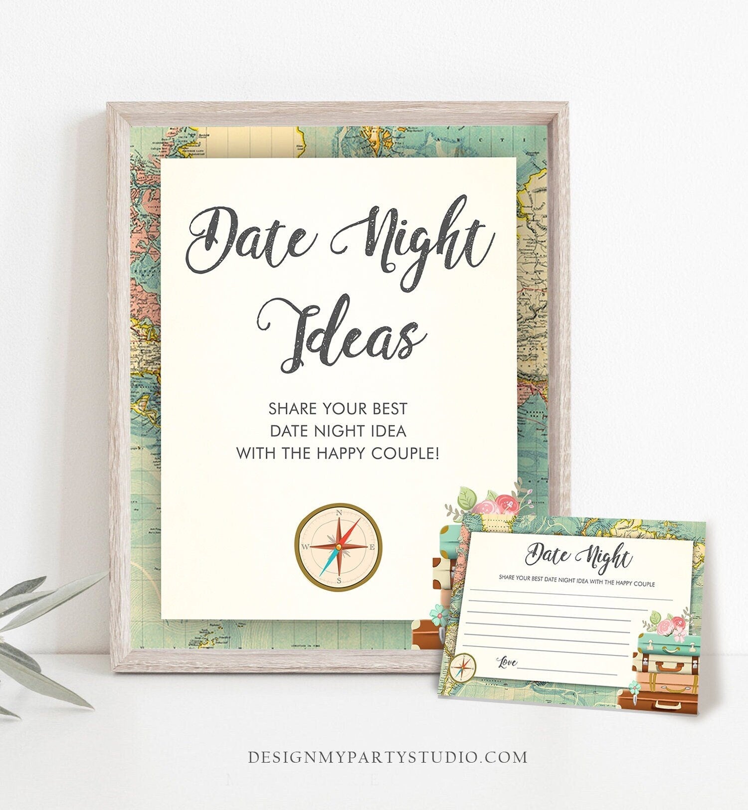 Editable Date Night Ideas Bridal Shower Game Travel Adventure Floral Greenery Gold Date Jar Sign Download Corjl Template Printable 0044