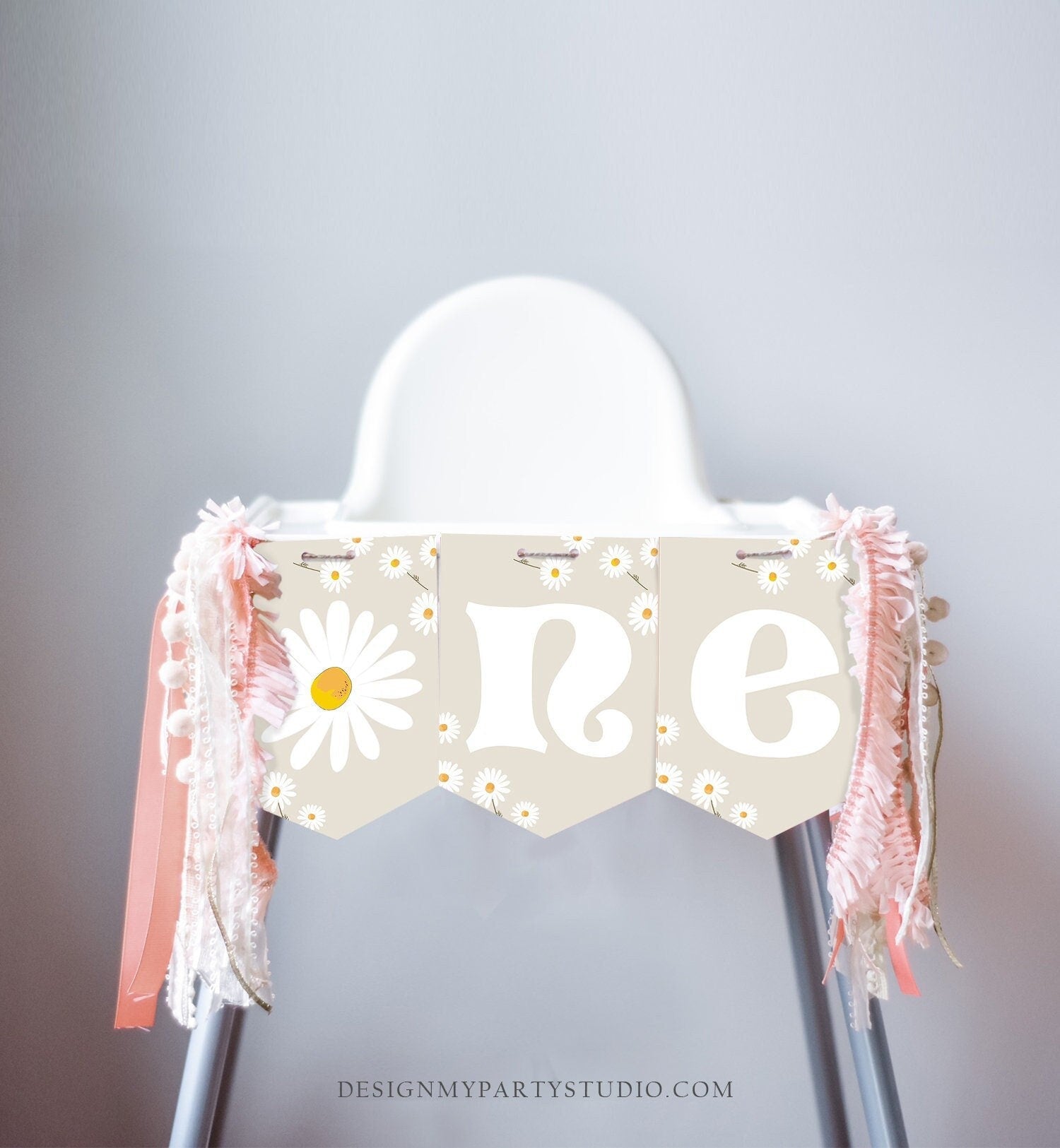 Daisy High Chair Banner Daisy Party Girl 1st First Birthday Beige Gender Neutral Chair Banner ONE Floral Boho Decor PRINTABLE Digital 0410