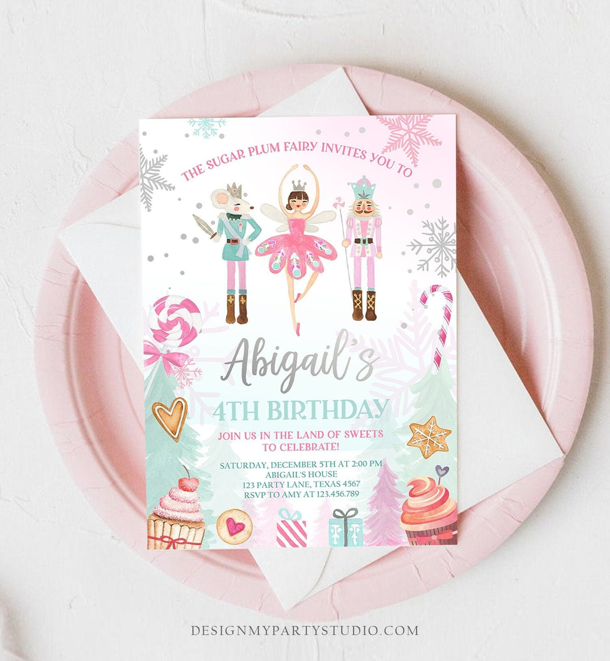 Editable Nutcracker Birthday Invitation Girl Land of Sweets Invite Winter Pink Girl Sugar Plum Fairy Download Printable Template Corjl 0352