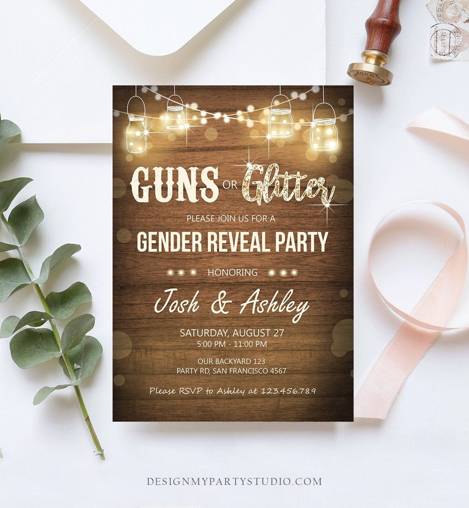 Editable Guns or Glitter Gender Reveal Invitation Baby Shower Boy Girl He or She Western Rustic Wood Download Corjl Template Printable 0015