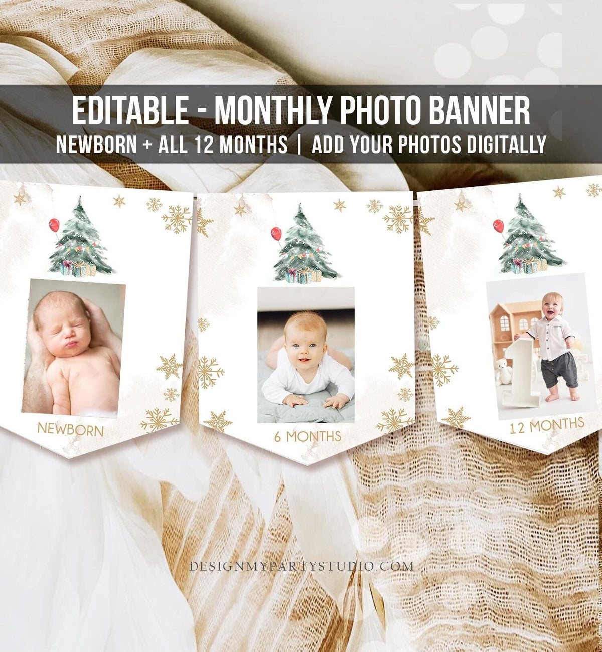 Editable Winter Onederland First Birthday Banner Monthly Photo Banner Tree Watercolor Snow Neutral Gold Boy Corjl Template Printable 0363