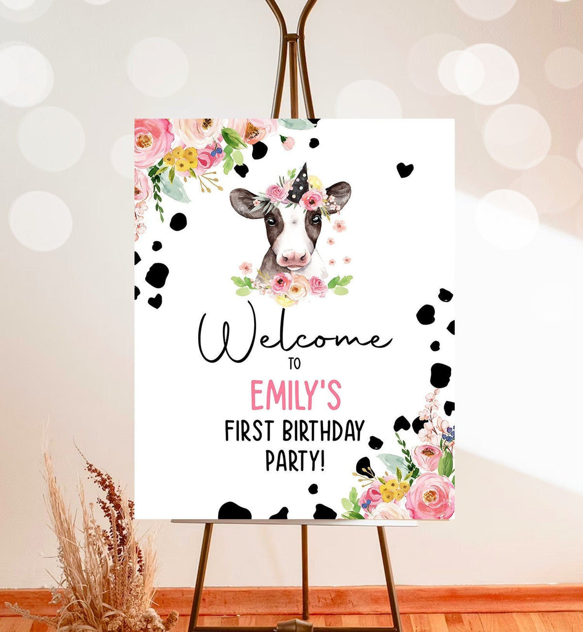 Editable Cow Birthday Welcome Sign Barnyard Birthday Welcome Sign Pink Farm Animals Birthday Welcome Girl Template Corjl PRINTABLE 0434