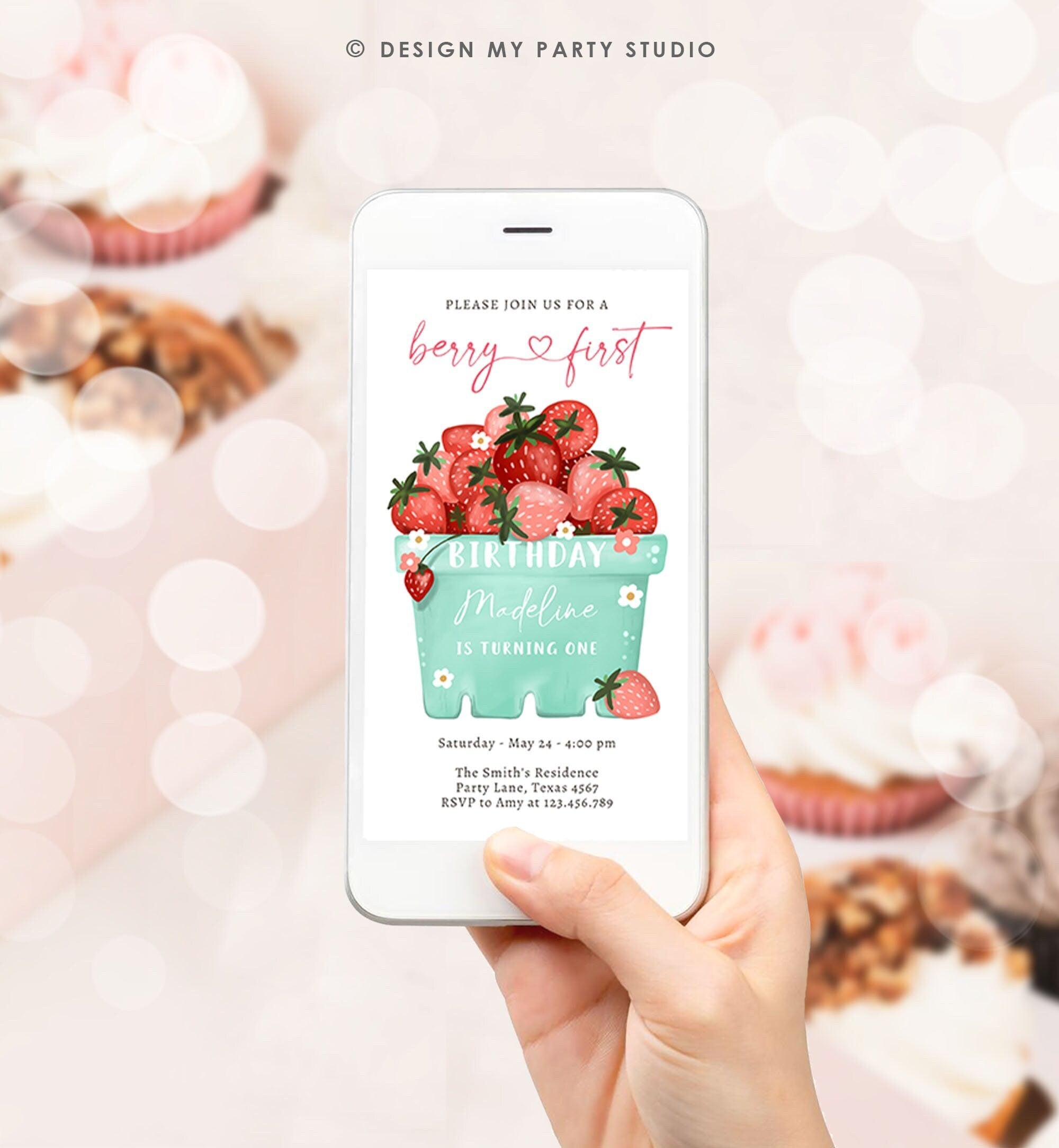 Editable Berry First Birthday Evite Electronic Strawberry Birthday Berry Sweet Strawberries 1st Digital Phone Template Corjl Digital 0506