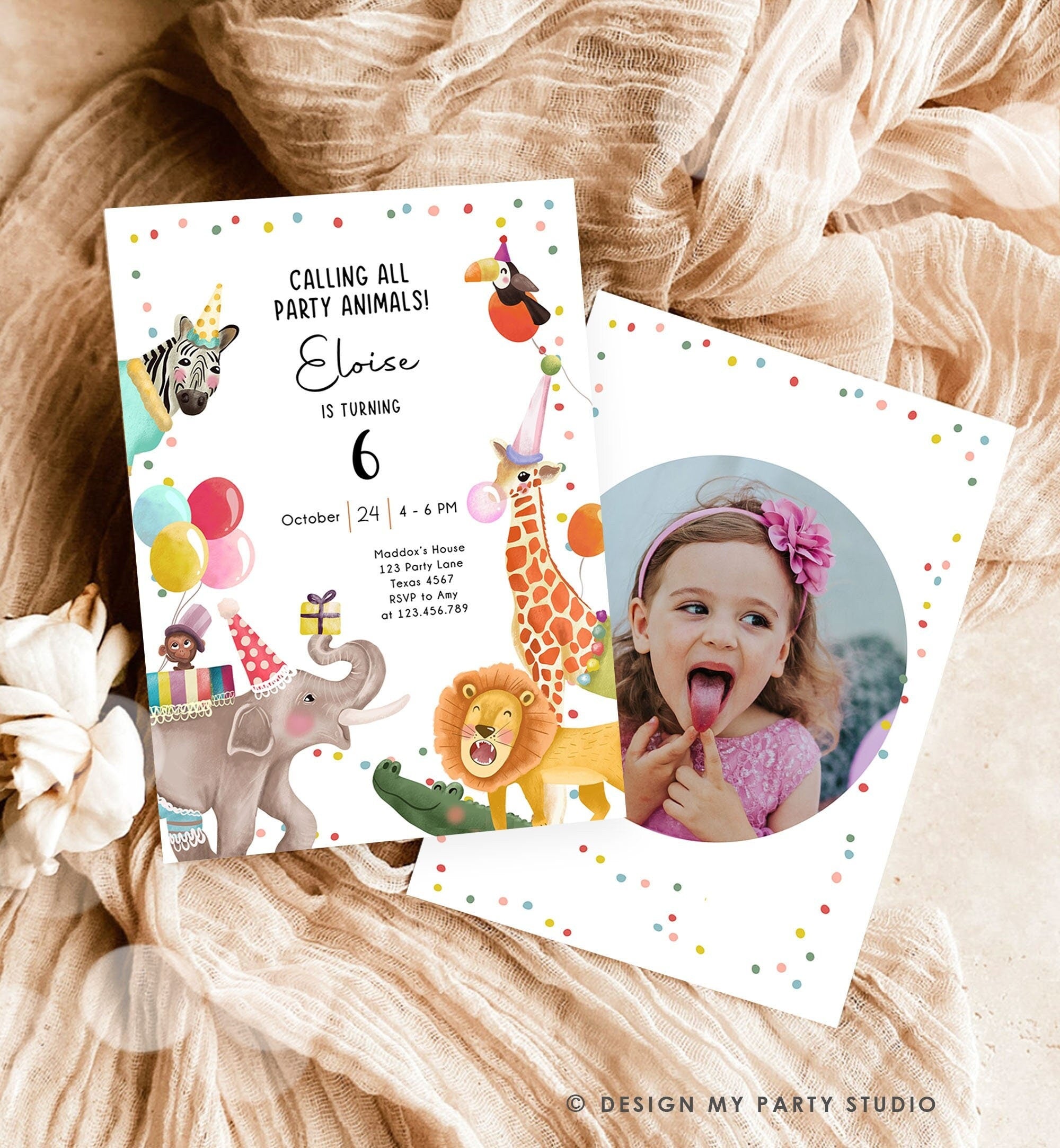 Editable Calling All Party Animals Birthday Invitation Wild One Jungle Zoo Safari Animals Photo Download Printable Corjl Template 0482