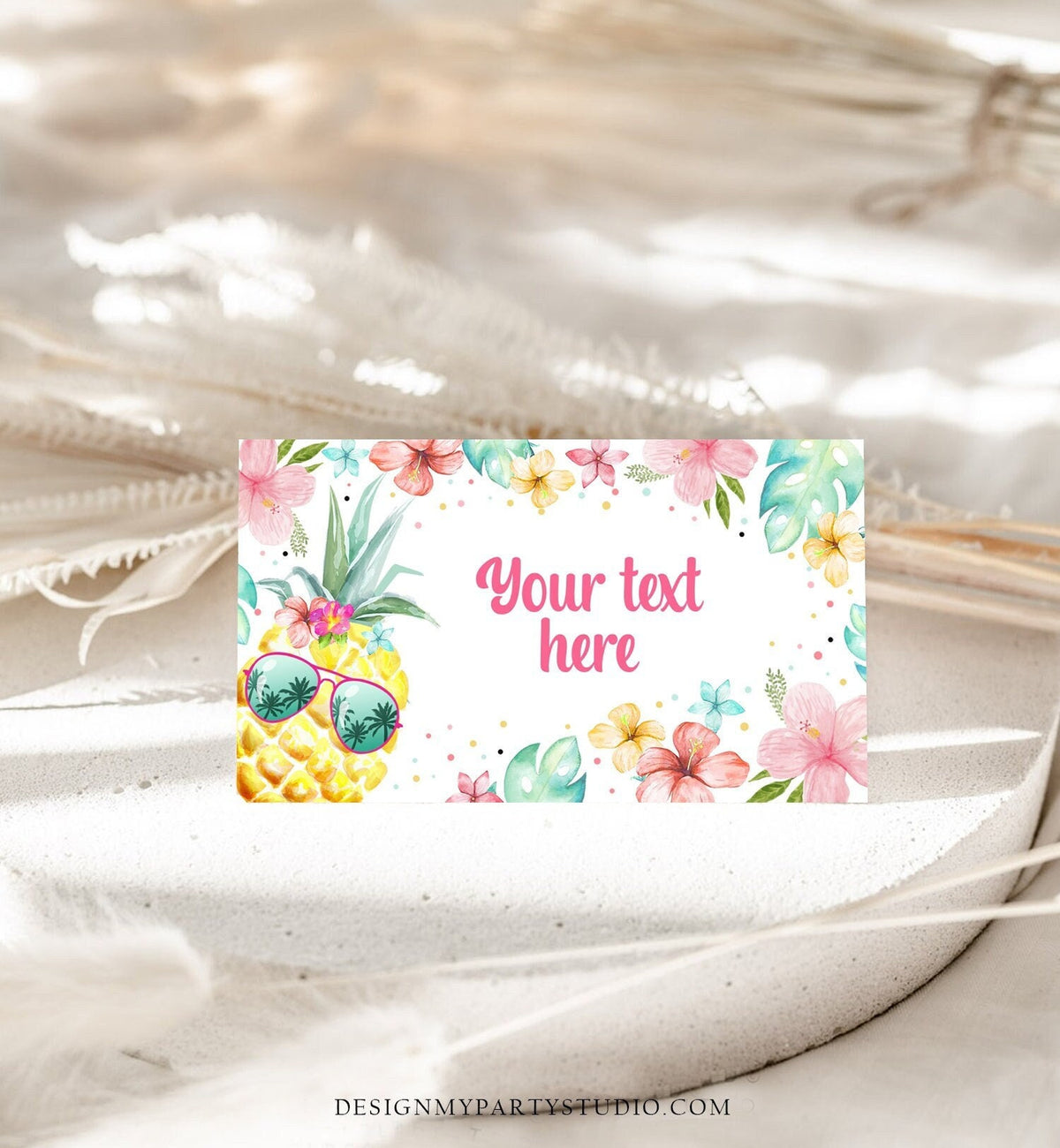 Editable Pineapple Food Labels Luau Birthday Party Food Cards Tent Card Girl Pink Tropical Name Card Pool Party Hawaiian Template Corjl 0391