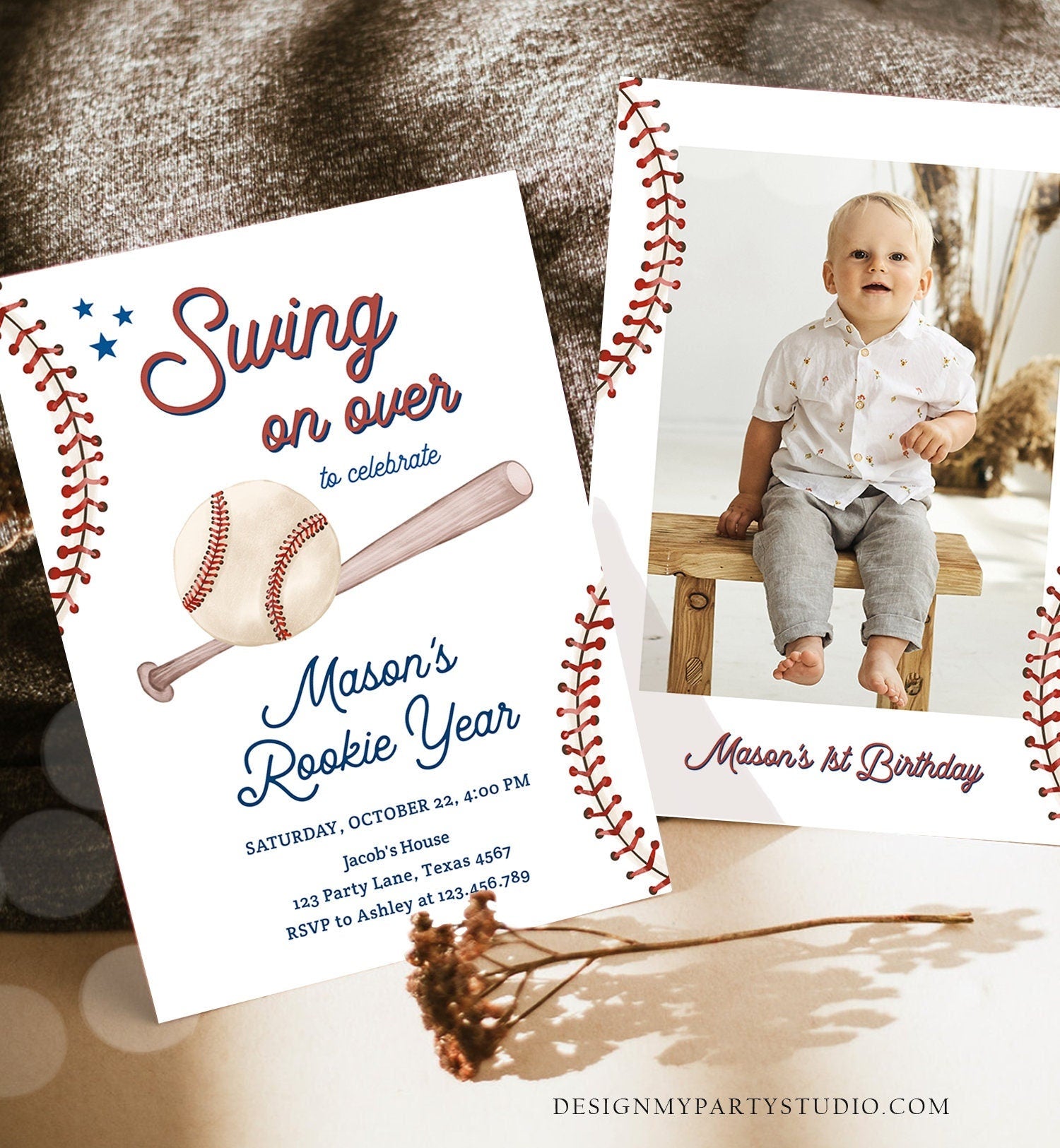 Editable Baseball First Birthday Invitation Rookie of The Year Invite Boy Birthday Little Slugger Swing Download Template Digital Corjl 0492