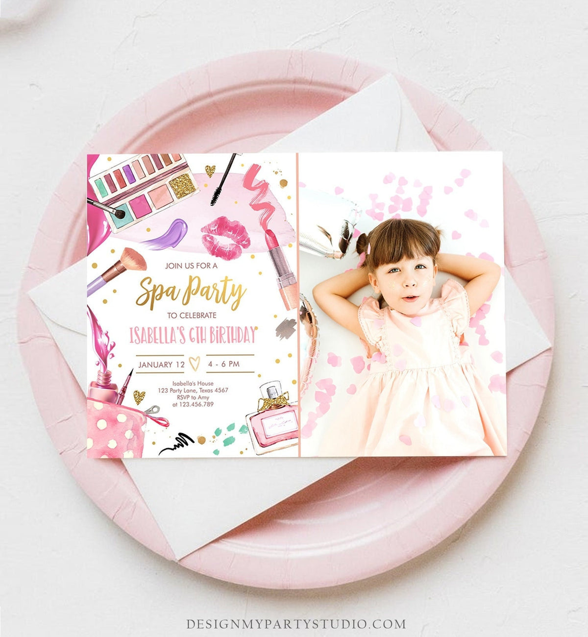 Editable Spa Birthday Party Glitters and Glamour Fashion Makeup Birthday Invitation Pink Gold Girl Download Printable Template Corjl 0420