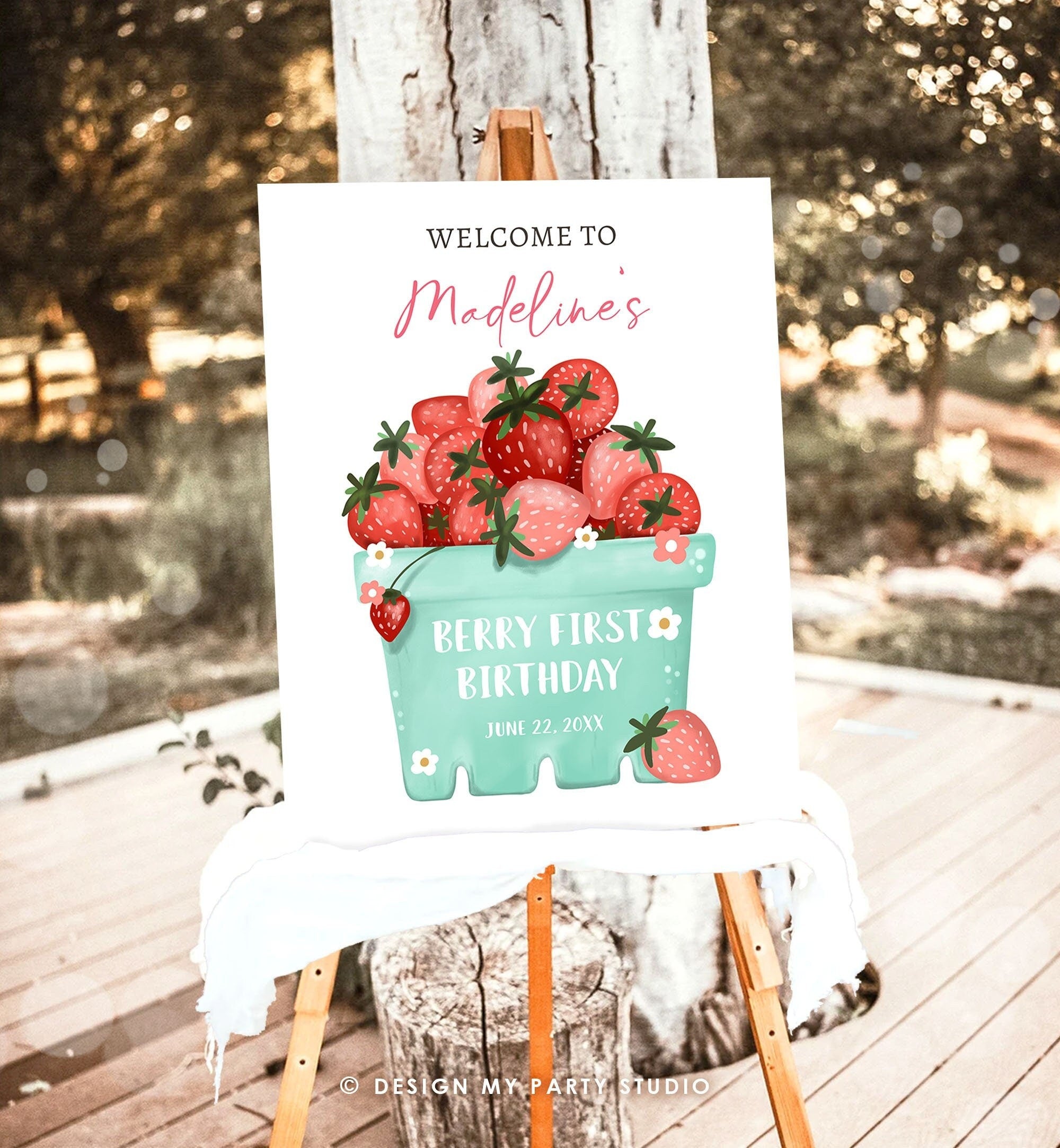 Editable Strawberry Welcome Sign Strawberry Birthday Party Welcome Farmers Market Girl Berry First Berry Sweet Template PRINTABLE Corjl 0506