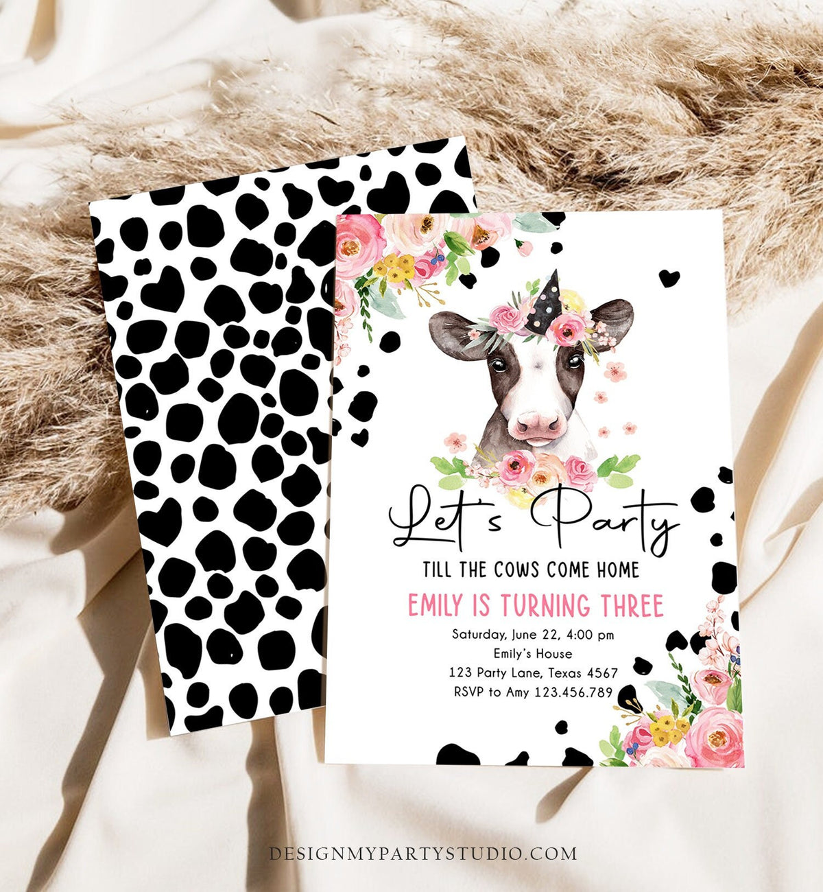 Editable Cow Birthday Invitation Girl Farm Animals Let&#39;s Party Till The Cows Come Home Holy Cow 1st Download Printable Template Corjl 0434