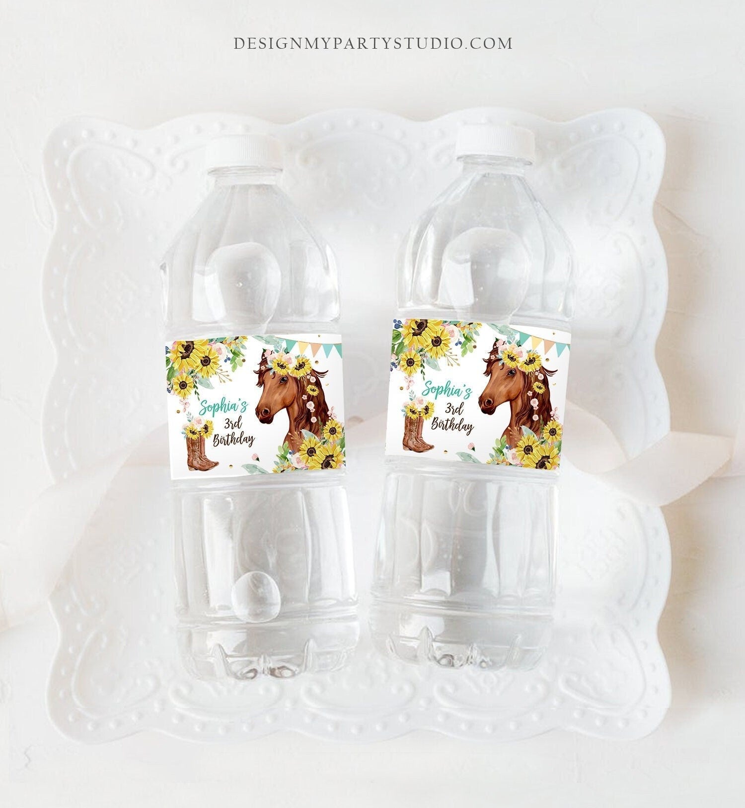 Editable Horse Water Bottle Labels Horse Birthday Decor Cowgirl Pony Party Saddle Up Sunflowers Printable Bottle Label Template Corjl 0408