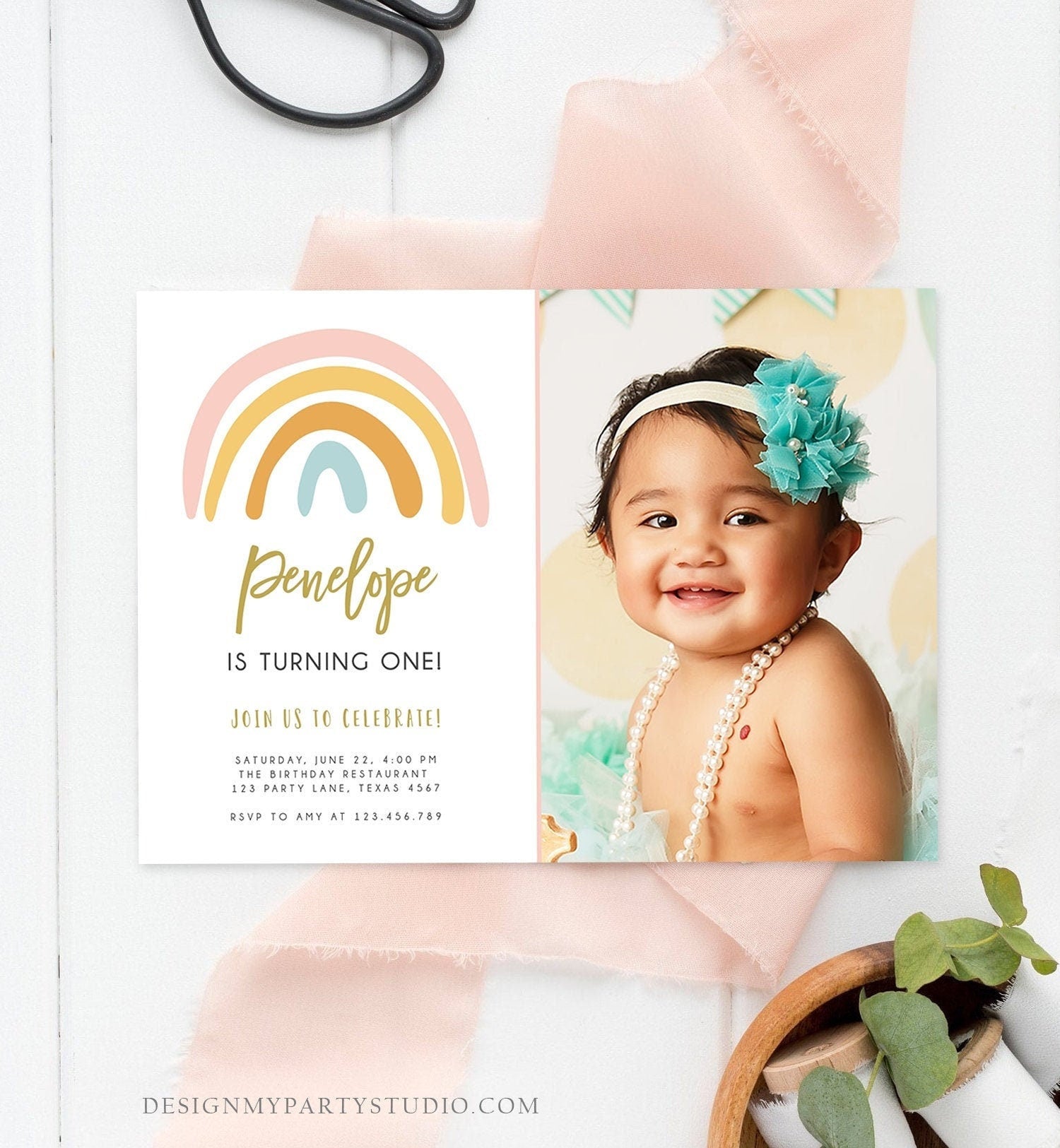 Editable Rainbow Birthday Invitation Muted Rainbow Invitation Pastel 1st Birthday Pink Girl Any Age First Bday Download Corjl Template 0331