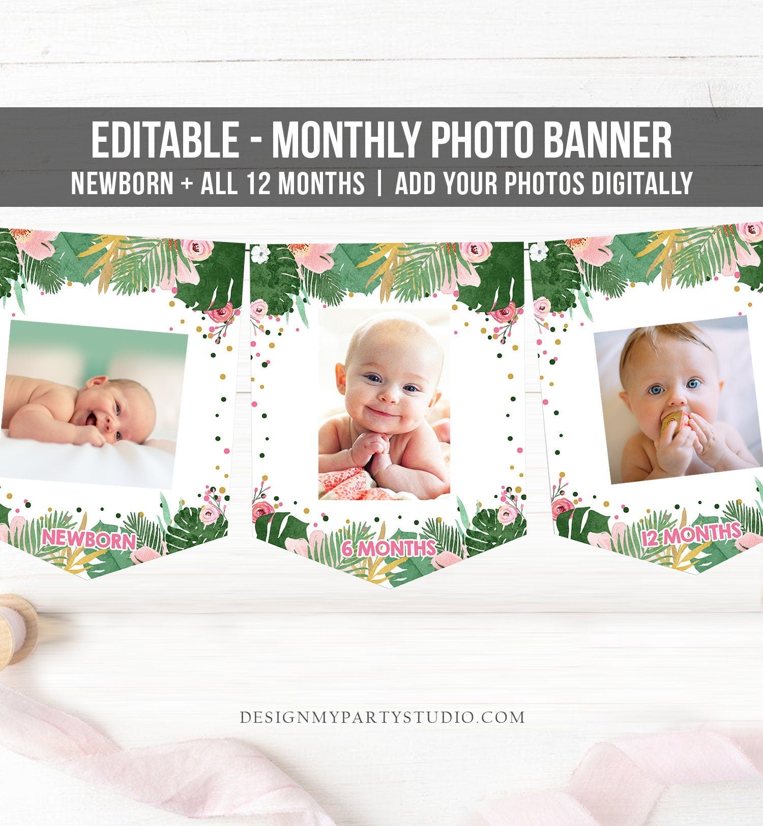 Editable Safari Monthly Photo Banner Girl First Birthday Pink Gold Wild One Onederful Download Corjl Template Printable 0016 0332