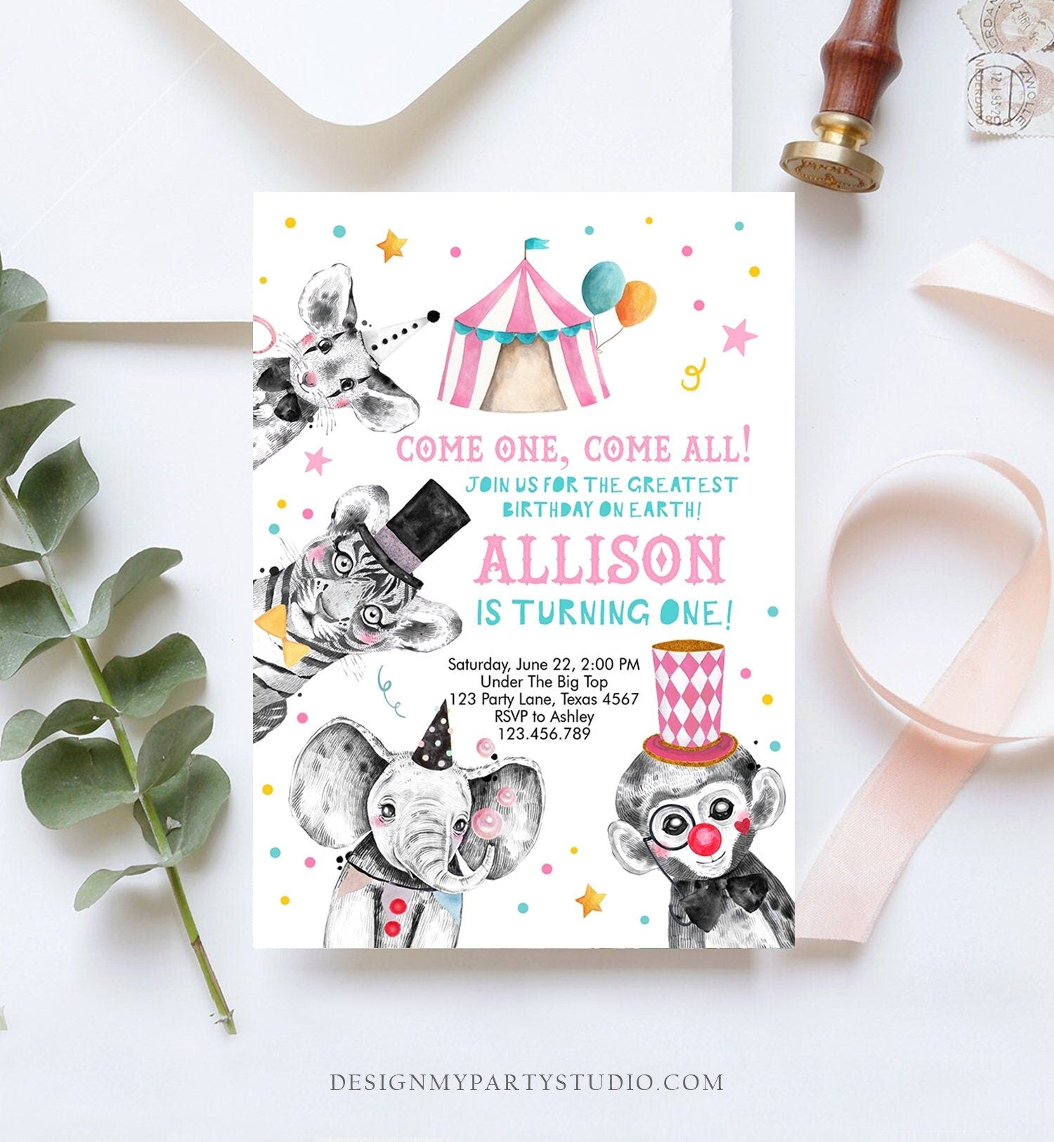 Editable Circus Birthday Invitation Girl Pink Circus Animals Invitation Carnival Invite Download Printable Template Digital Corjl 0355