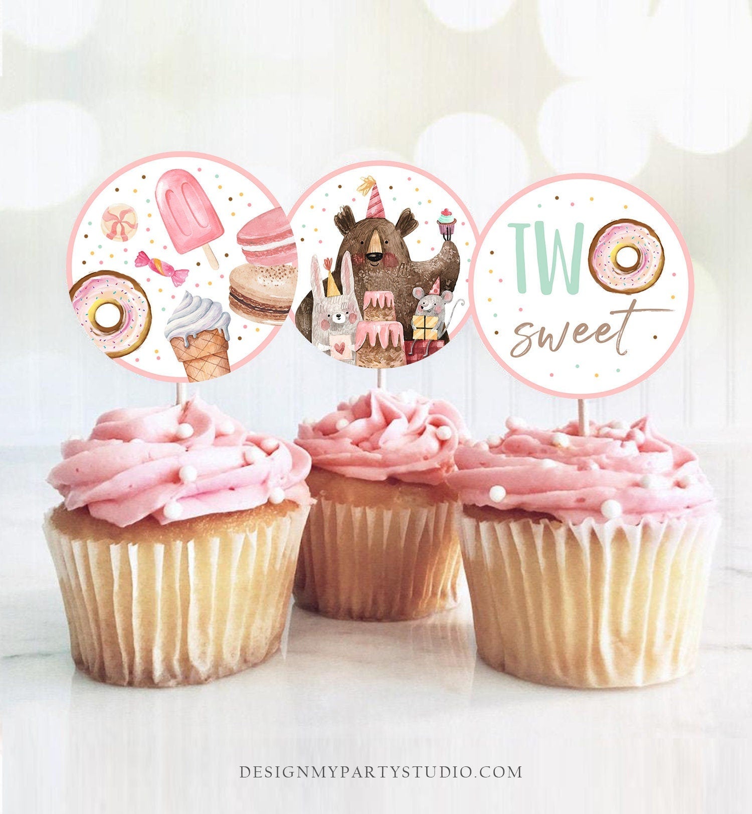 Two Sweet Birthday Cupcake Toppers Second Birthday Sweet celebration Cake Toppers Donut 2nd Birthday Girl Download Digital PRINTABLE 0373