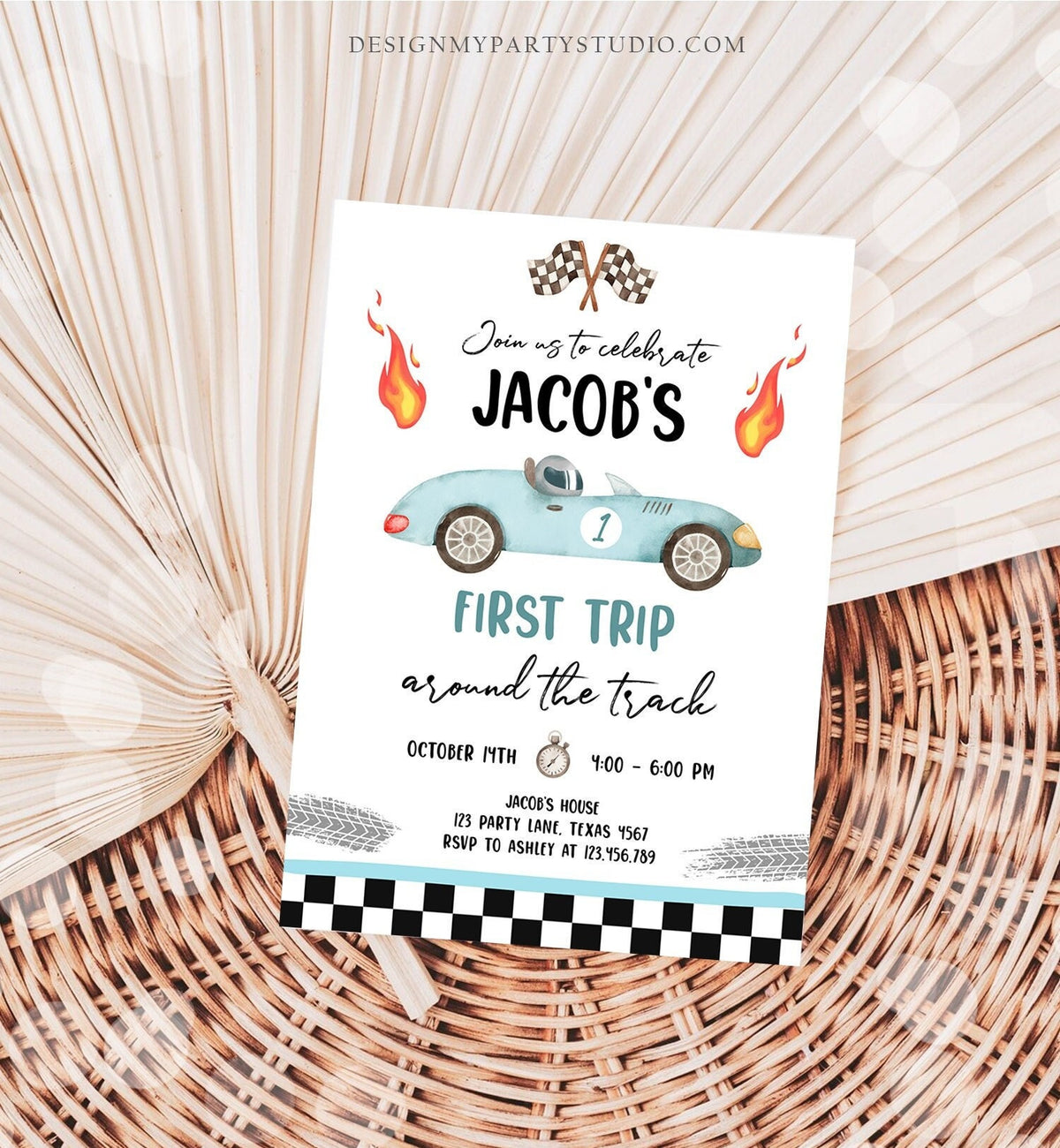 Editable Race Car 1st Birthday Invitation First Trip Around the Track First Birthday Racing Download Printable Template Digital Corjl 0424