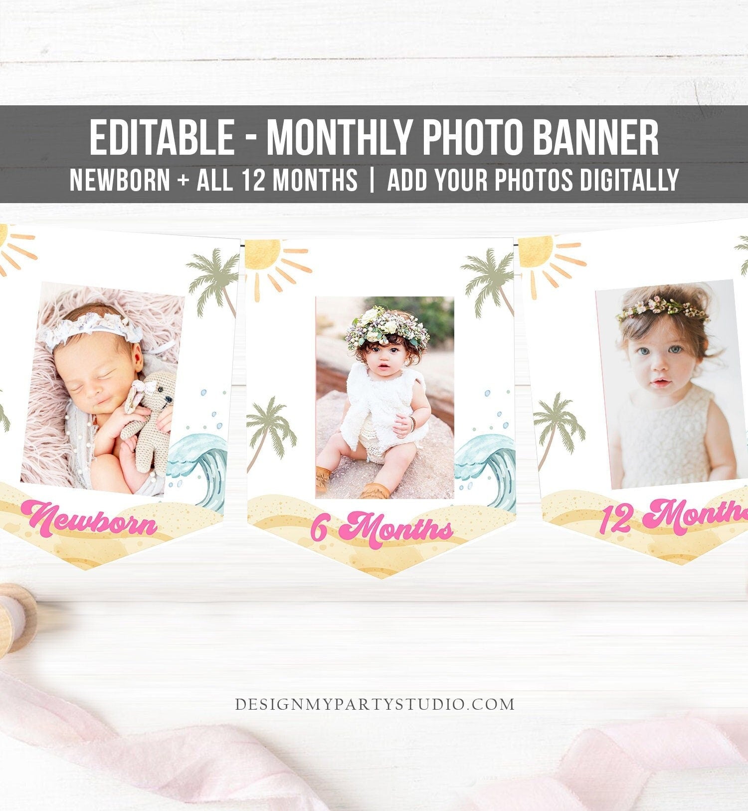 Editable Surf First Birthday Banner Monthly Photo Banner Girl Big One Surfs Party Surfboard Retro Beach 1st Corjl Template Printable 0433