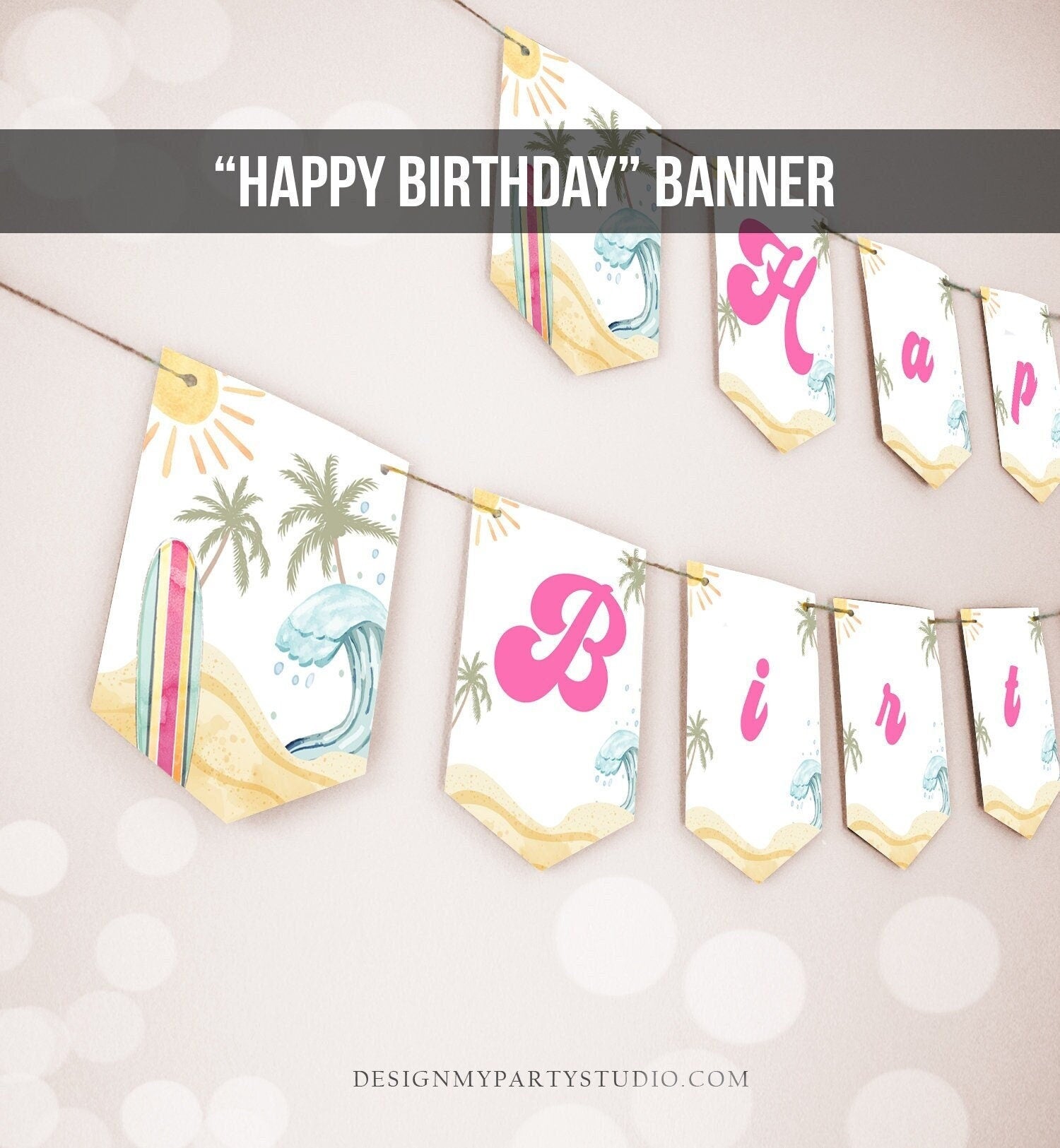 Happy Birthday Banner Surf Birthday Banner The Big One Surfing Surfboard Retro Beach Decor 1st Girl Download PRINTABLE DIGITAL DIY 0433