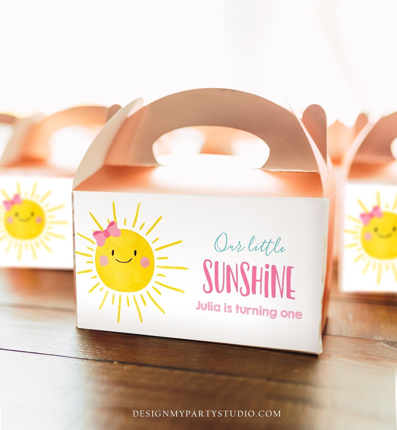 Editable Sunshine Girl Birthday Party Gable Box Favor Label Boho Sun Gift Box Labels Sun First Trip Pink Download Printable Corjl 0141