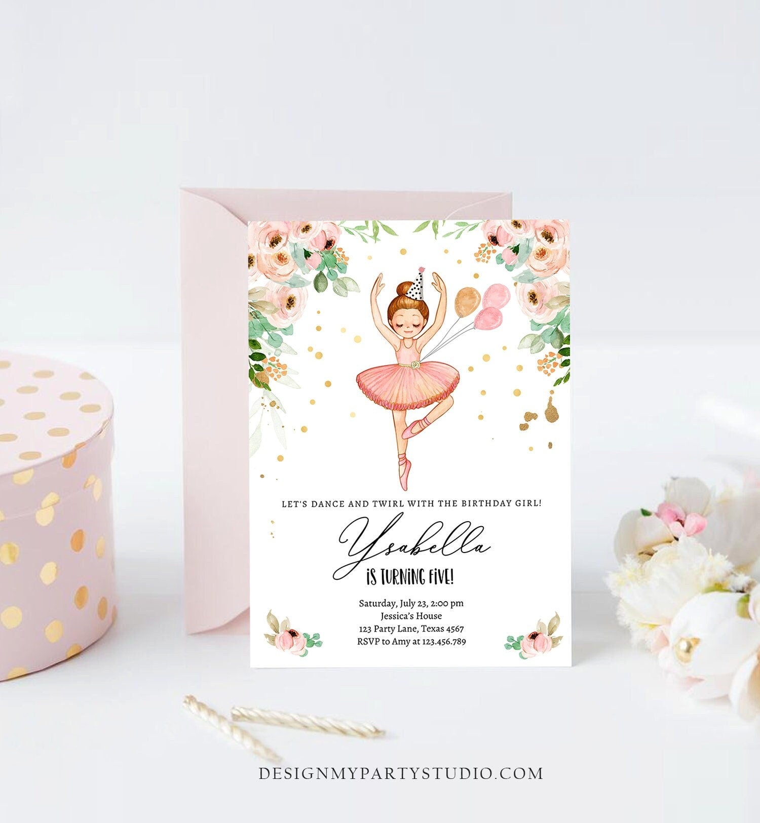 Editable Ballerina Birthday Invitation Ballerina Invitation Ballet Girl Tutu Dress Pink Gold Download Printable Invite Template Corjl 0375