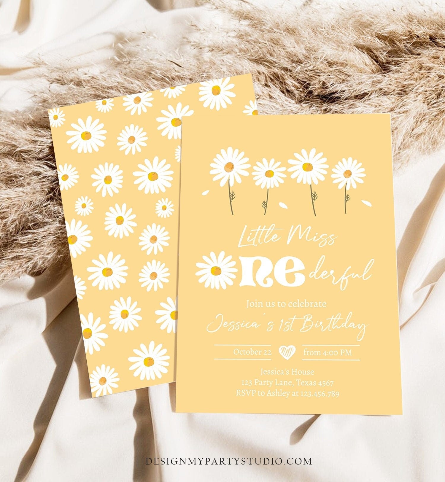 Editable Daisy Birthday Invitation Little Miss Onederful Birthday 1st Girl Floral Boho Yellow Download Printable Template Corjl Digital 0410