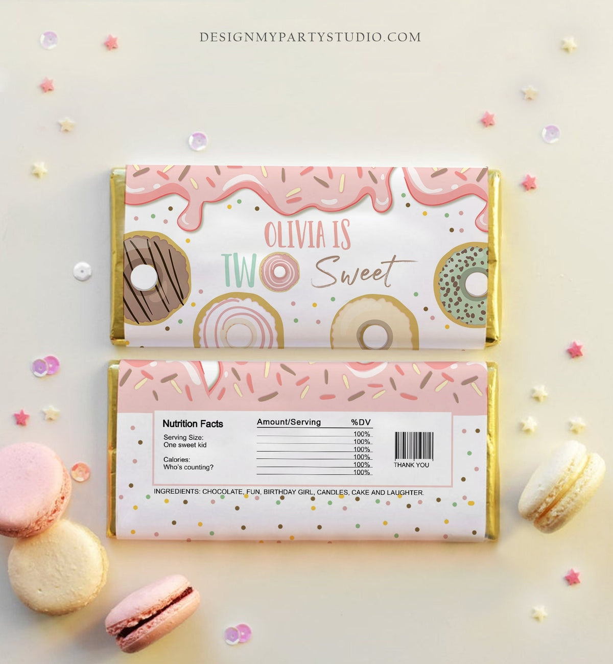 Editable Two Sweet Donut Candy Bar Wrapper Donut Birthday Chocolate Wrapper Girl 2nd Doughnut Pink Download Corjl Template Printable 0320