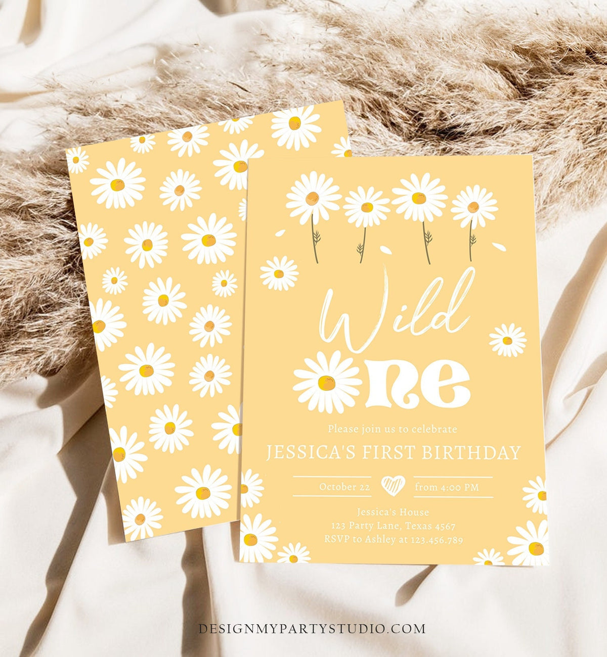 Editable Daisy Birthday Party Invitation Wild One Floral Girl Boho Yellow First Birthday 1st Digital Download Template Corjl Printable 0410