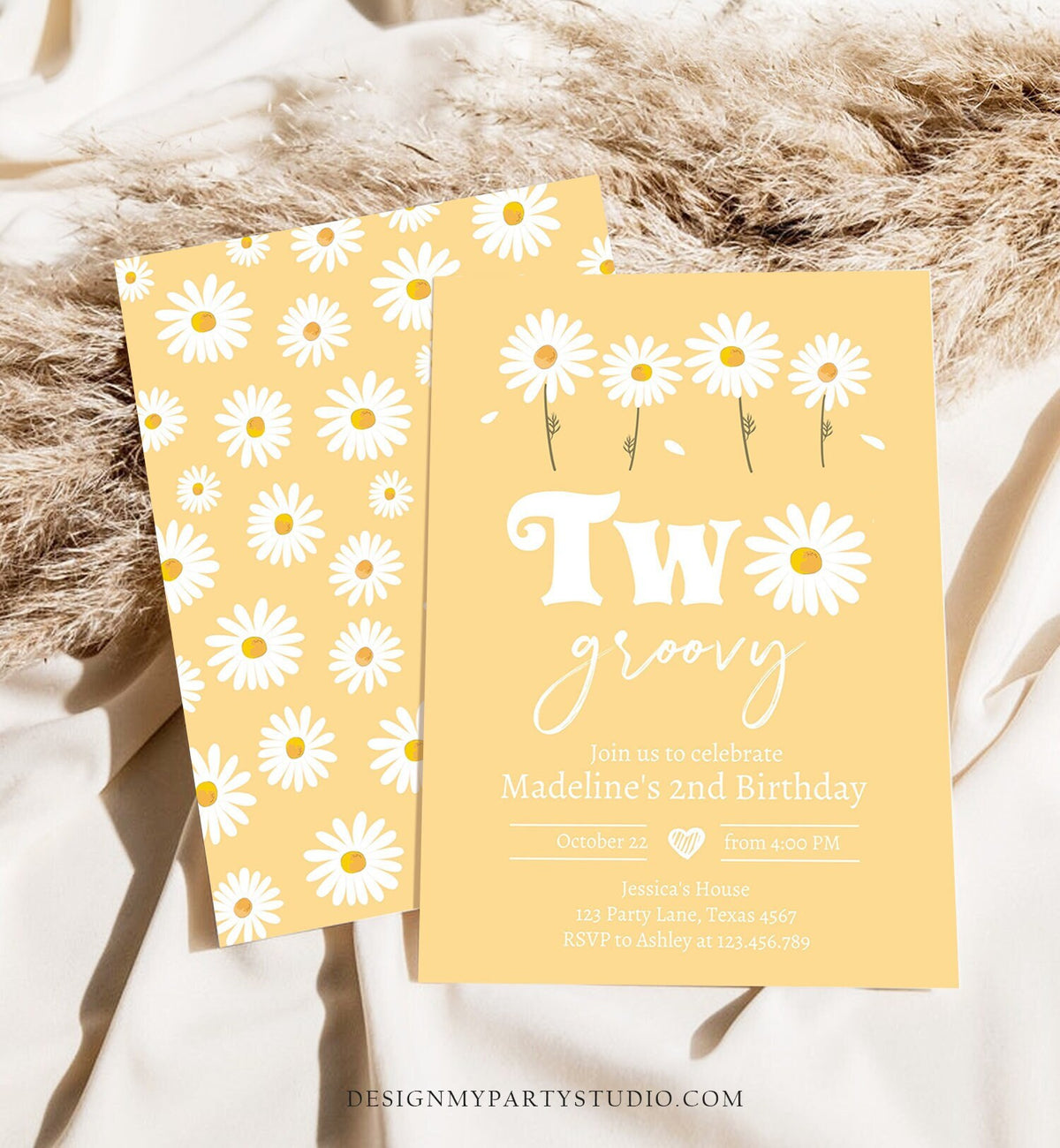 Editable Daisy Birthday Party Invitation 2nd Birthday Two Groovy Floral Bohemian Girl Boho Download Printable Template Corjl Digital 0410