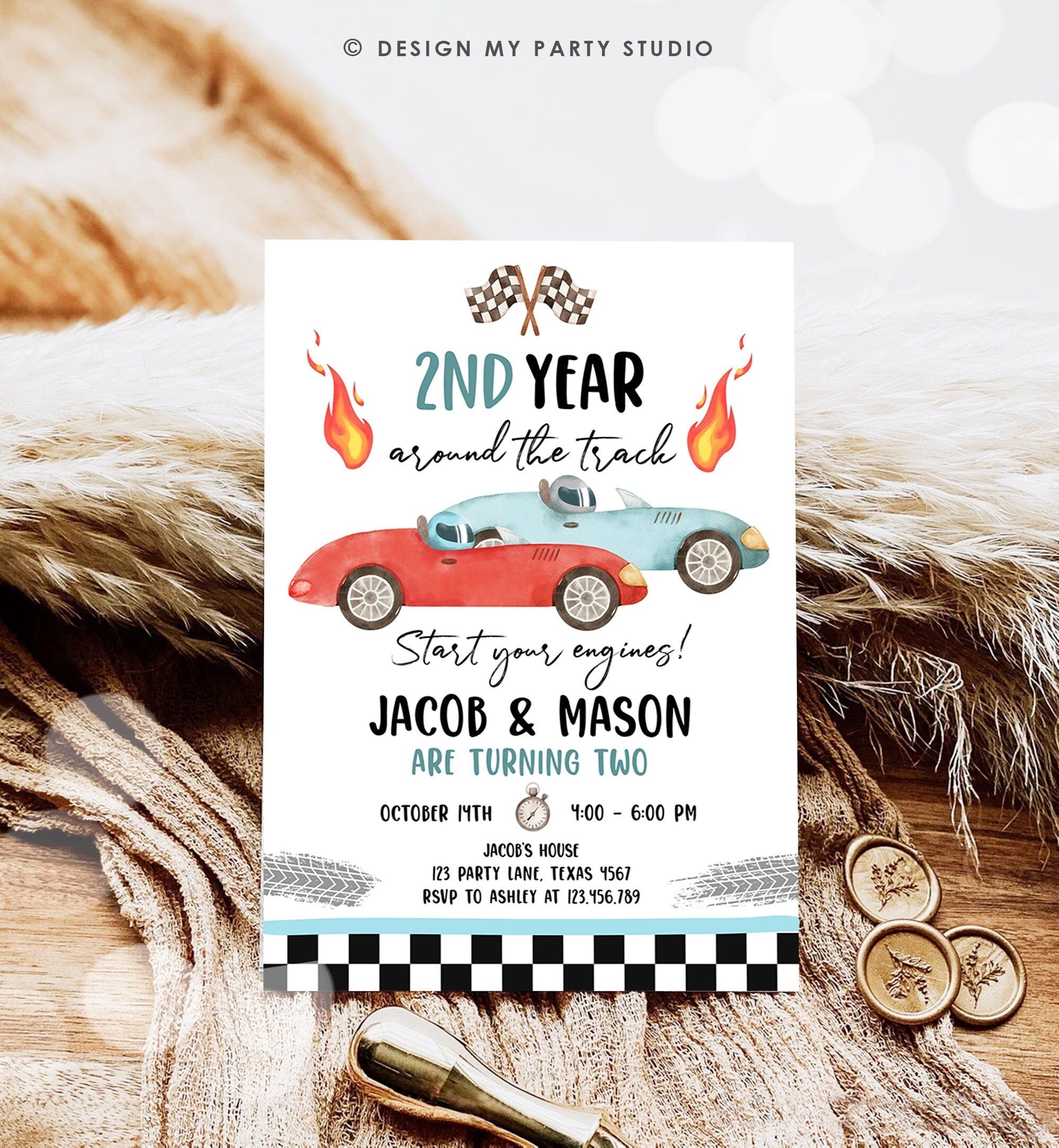 Editable 2nd Year Around the Track Birthday Invitation Blue Two Fast Twin Boys Race Car Second Birthday Racing Corjl Template Printable 0424