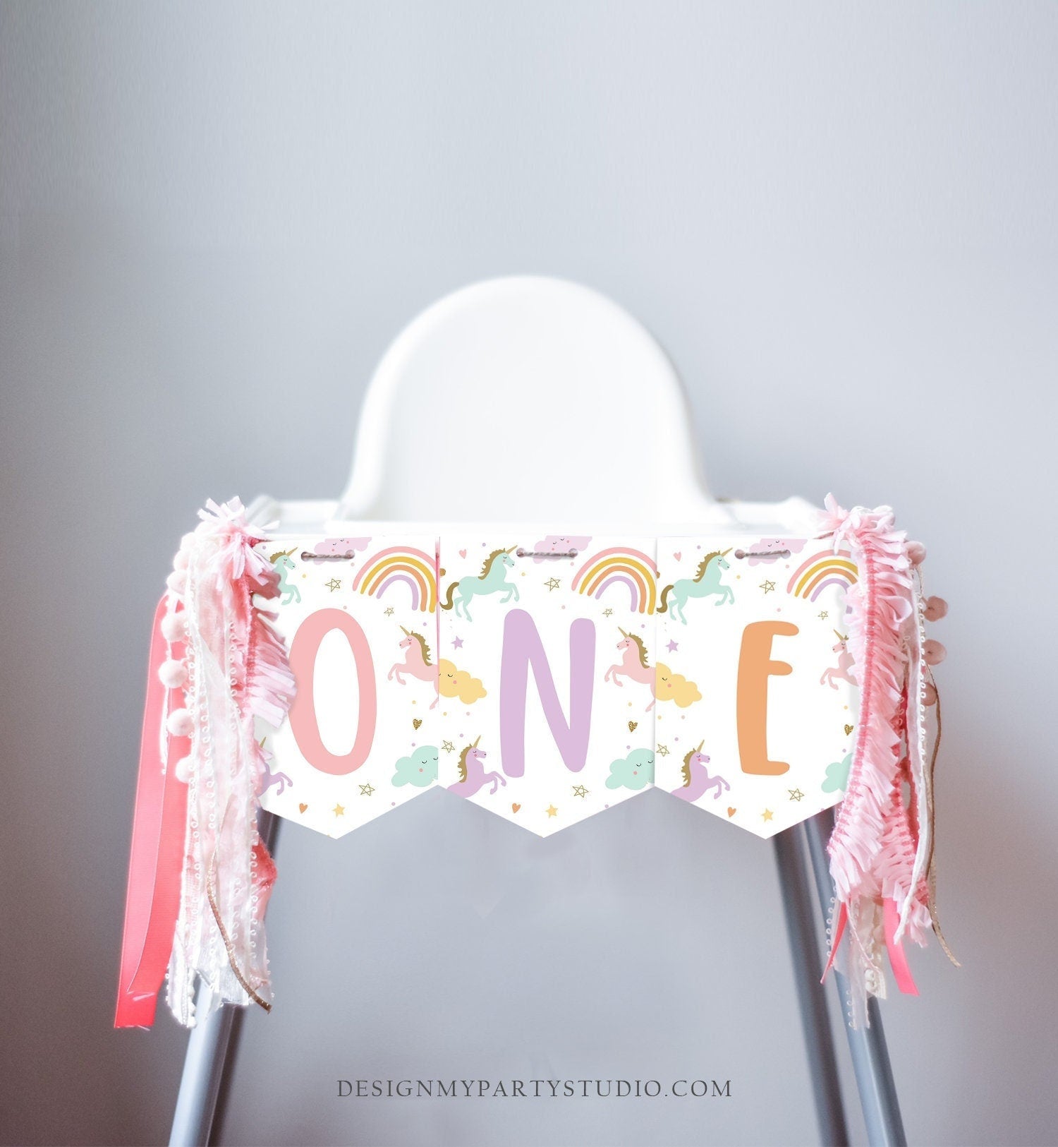 Unicorn High Chair Banner Magical Unicorn Girl 1st First Birthday Pink High Chair Decor ONE Pastel Rainbow Party PRINTABLE Digital 0426