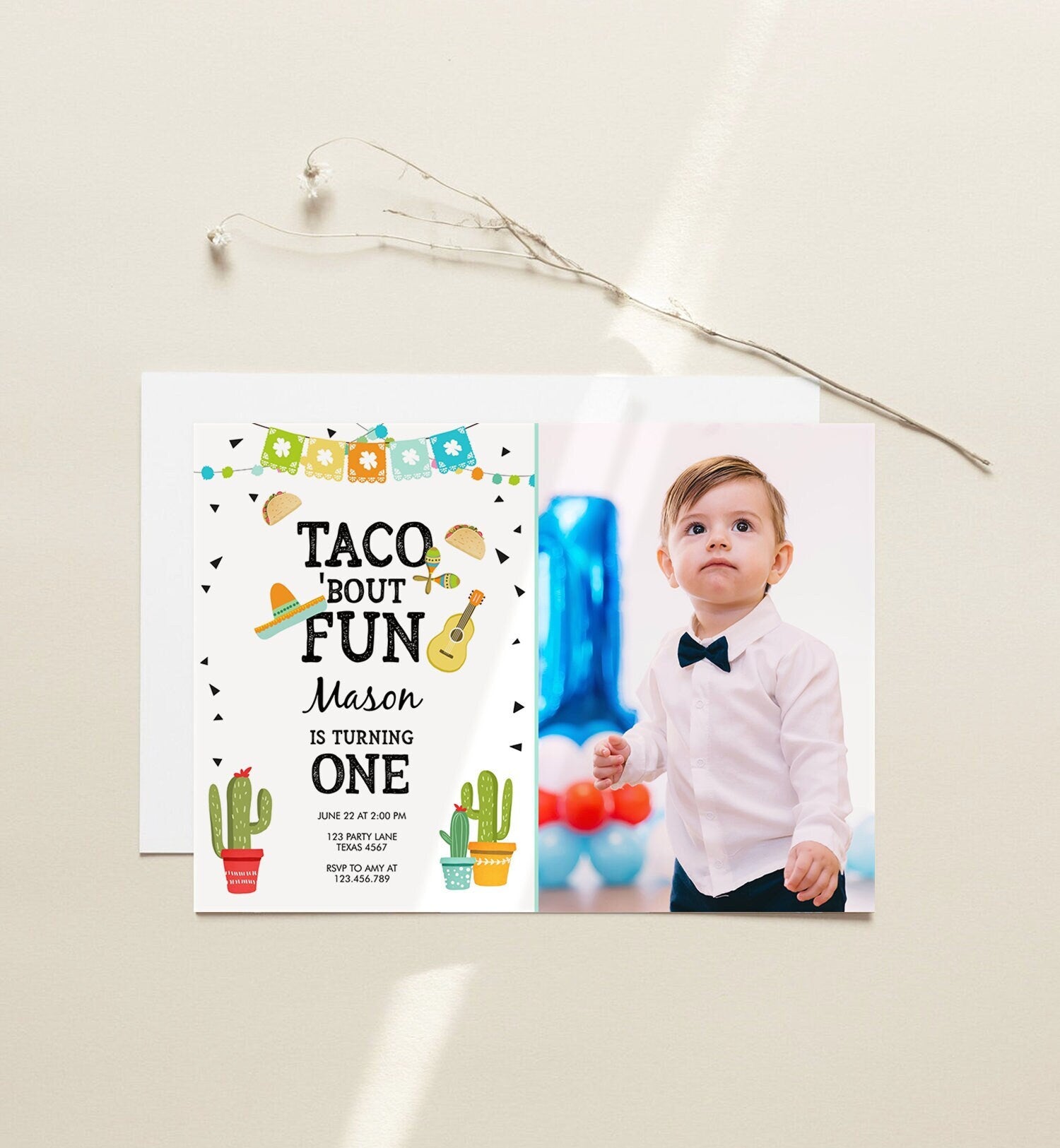 Editable Taco Bout Fun Birthday Invitation Boy First Fiesta Cactus Sombrero Blue Instant Download Printable Invitation Template Corjl 0161