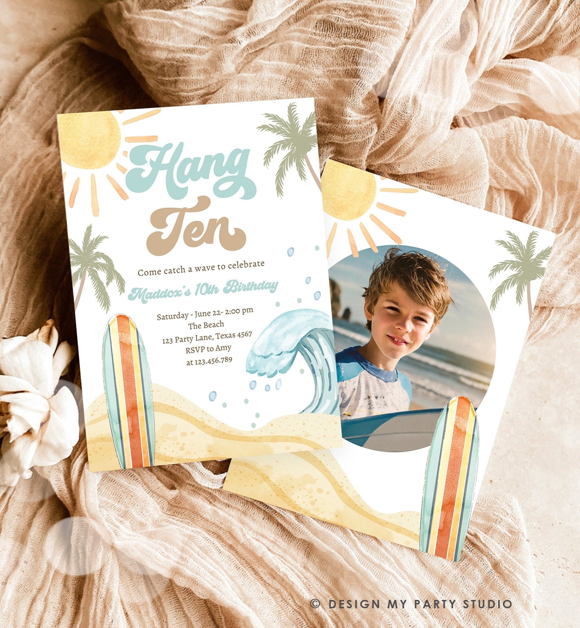 Editable Hang Ten Surf 10th Birthday Invitation Retro Surfboard Beach Party Wave Boy Dude Surfer Boho Download Template Corjl Digital 0433