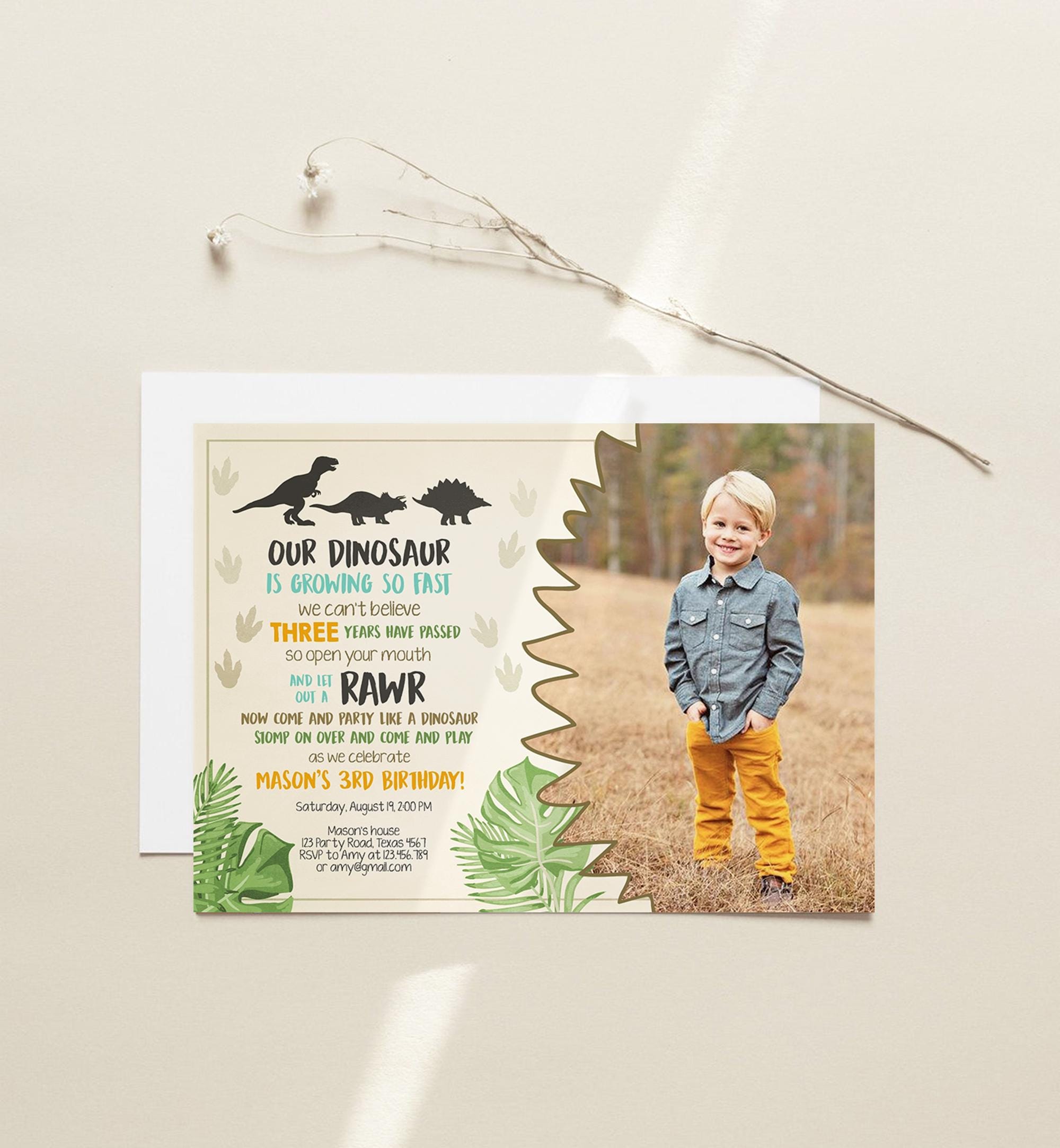 Editable Dinosaur Birthday Invitation Dino Dig Party Prehistoric Boy Photo T-Rex RAWR Digital Download Corjl Template Printable 0043