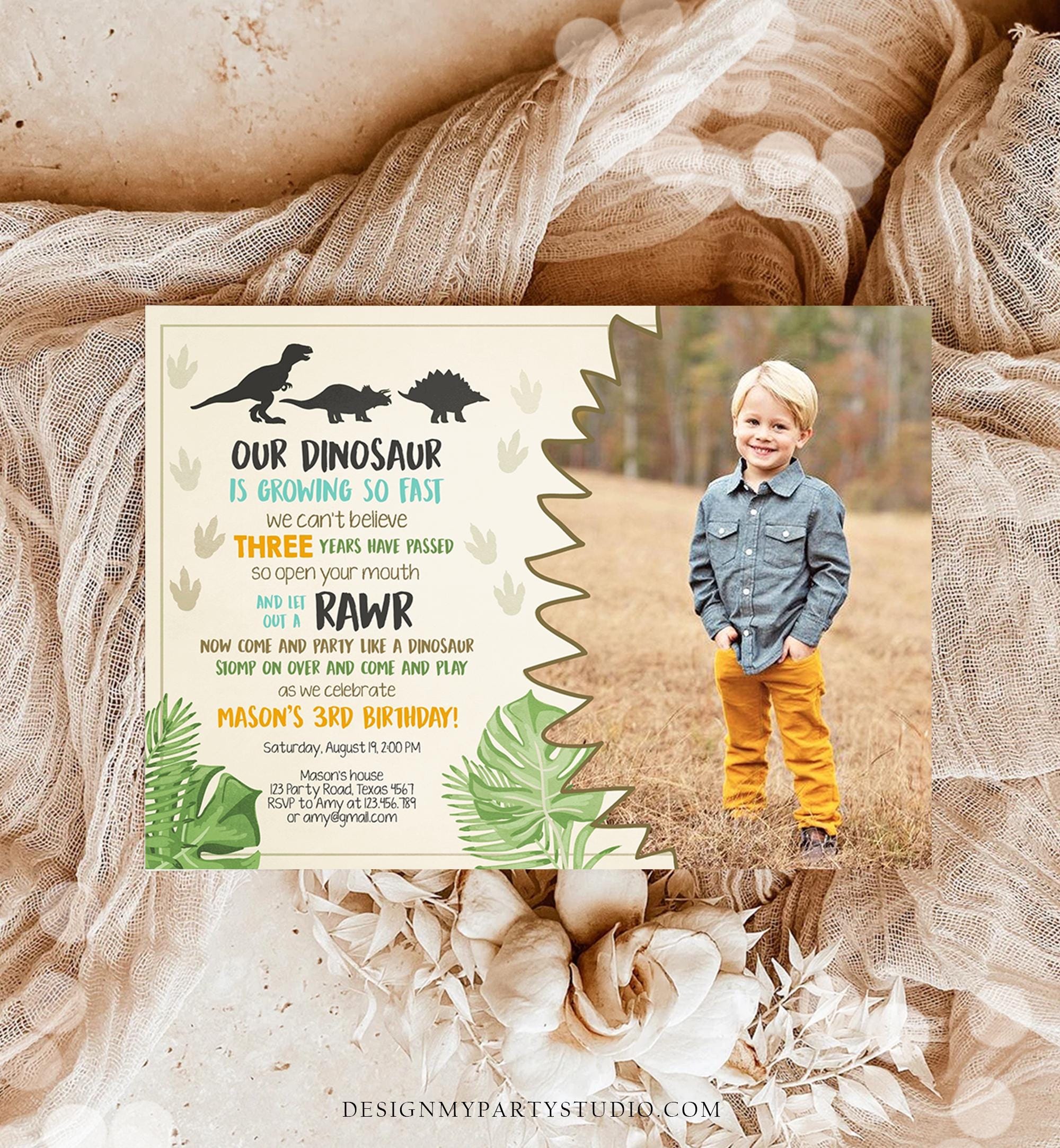 Editable Dinosaur Birthday Invitation Dino Dig Party Prehistoric Boy Photo T-Rex RAWR Digital Download Corjl Template Printable 0043