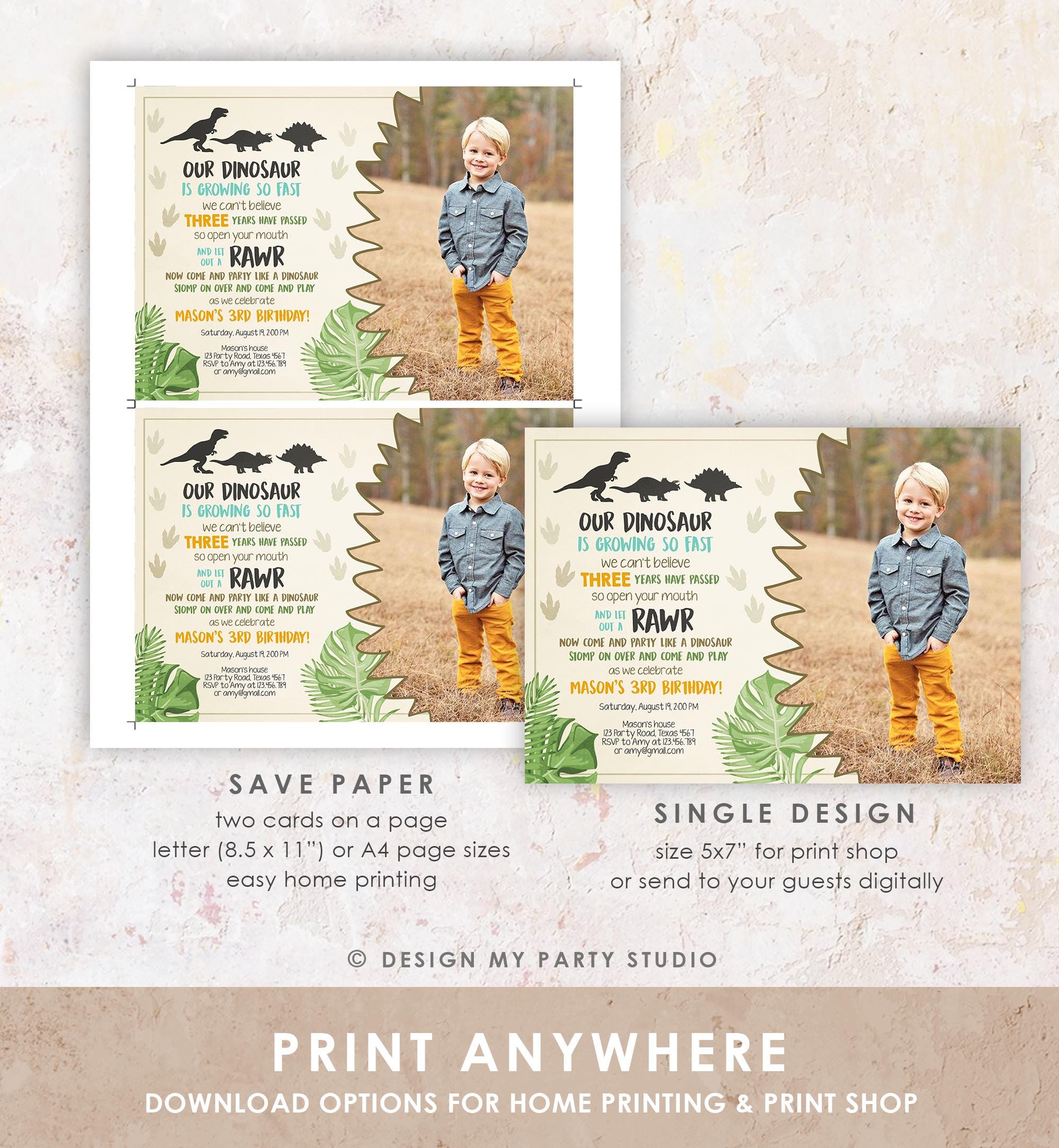 Editable Dinosaur Birthday Invitation Dino Dig Party Prehistoric Boy Photo T-Rex RAWR Digital Download Corjl Template Printable 0043