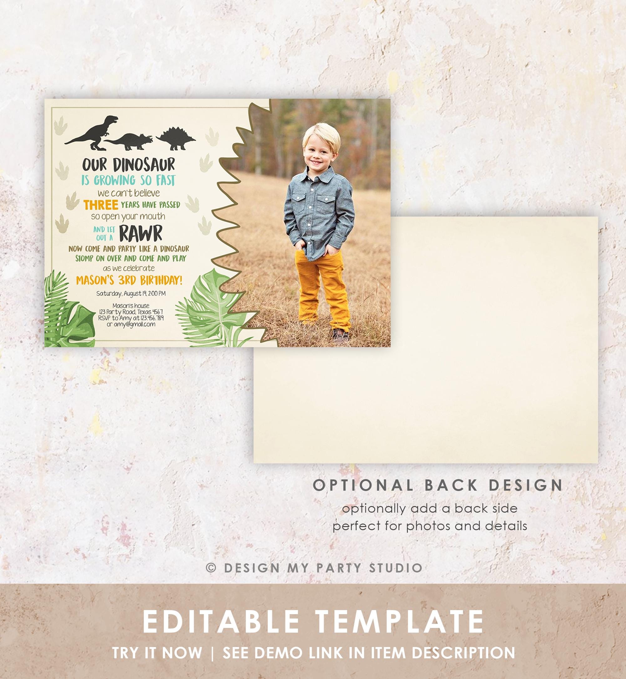 Editable Dinosaur Birthday Invitation Dino Dig Party Prehistoric Boy Photo T-Rex RAWR Digital Download Corjl Template Printable 0043