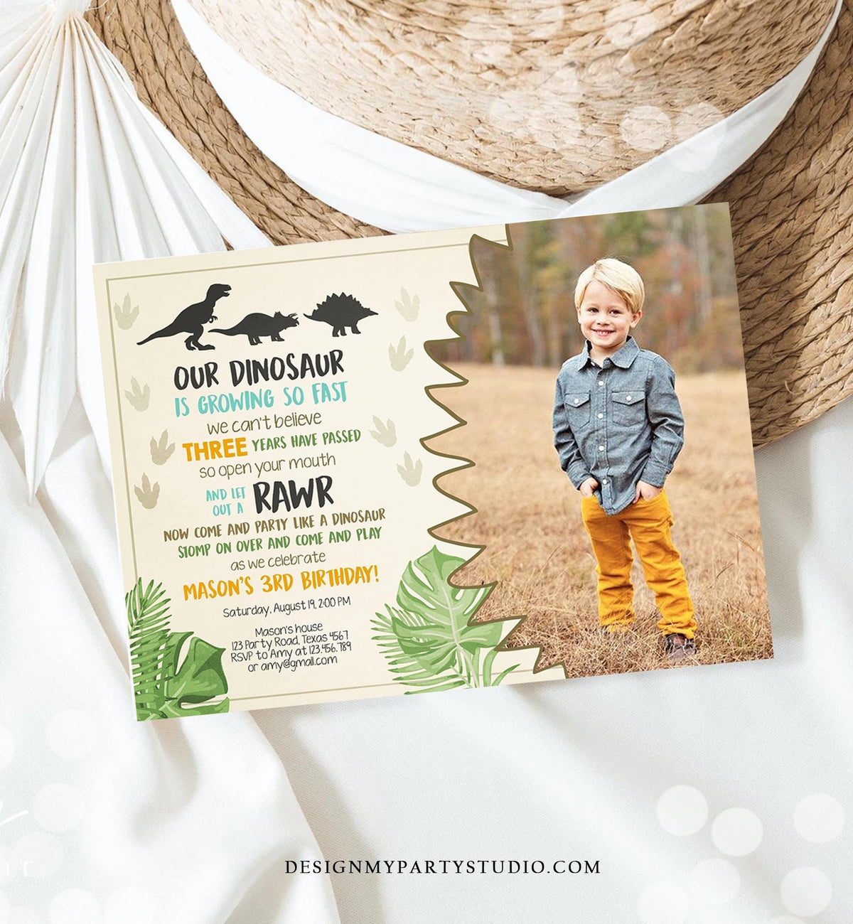 Editable Dinosaur Birthday Invitation Dino Dig Party Prehistoric Boy Photo T-Rex RAWR Digital Download Corjl Template Printable 0043