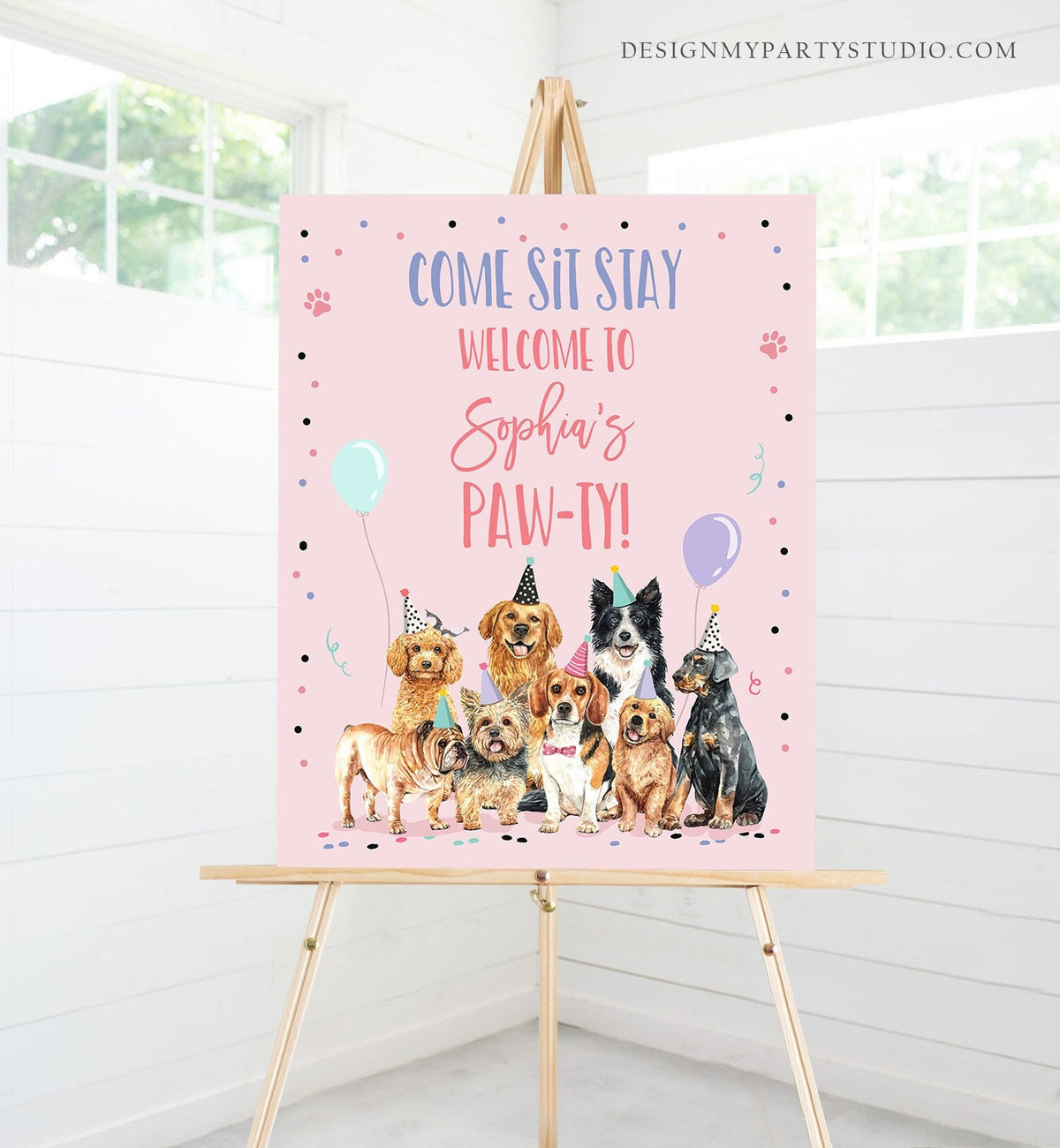 Editable Puppy Dog Birthday Party Welcome Sign Puppy Birthday Pink Pet Dog Birthday Come Sit Stay Paw-ty Girl Template Corjl PRINTABLE 0384