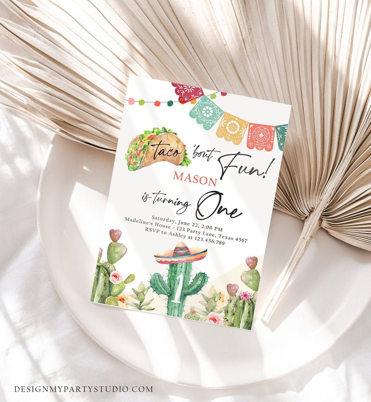 Editable Taco Bout Fun Birthday Invitation Cactus First Fiesta Cactus Mexican Desert Floral Download Printable Template Corjl 0404