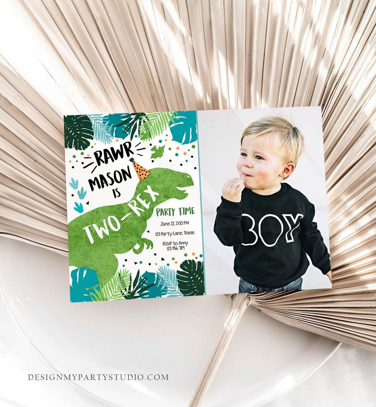 Editable Two-Rex Dinosaur Birthday Invitation Dino T-Rex Second Birthday 2nd RAWR Boy Green Blue Prehistoric Printable Corjl Template 0389