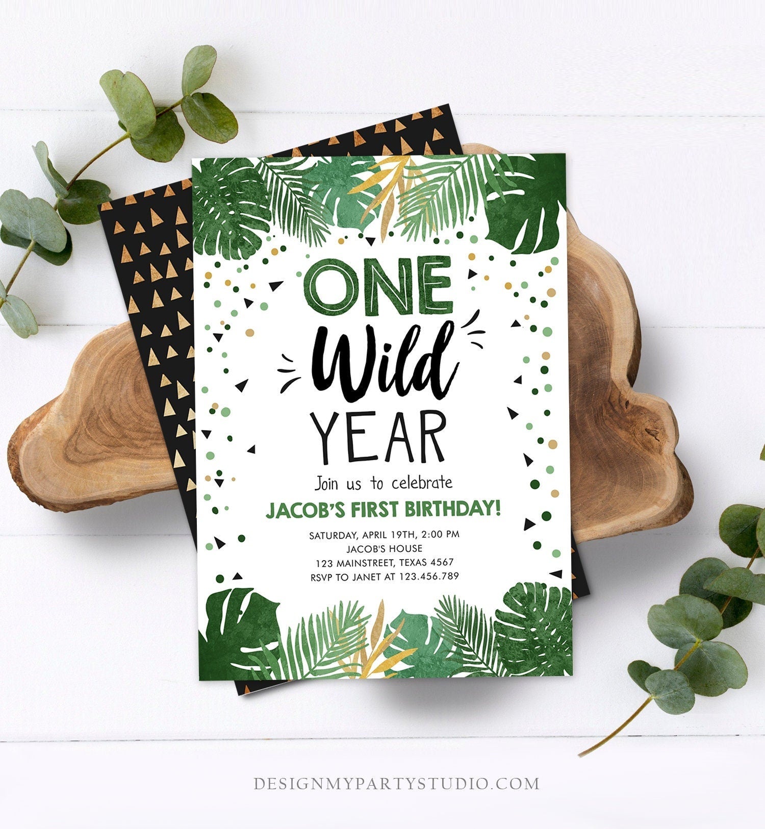 Editable One Wild Year Birthday Invitation Boy Tropical Safari Pink Jungle Wild One Wild Child Gold Download Corjl Template Printable 0332