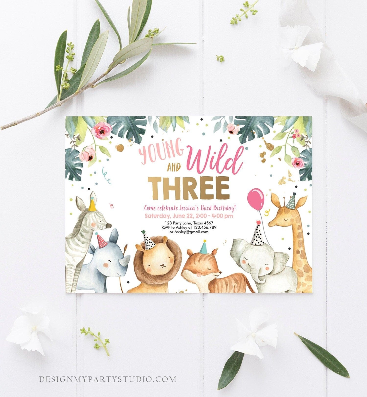 Editable Young Wild and Three Invitation Girl Pink and Gold Safari Animals Zoo Instant Download Printable Template Digital Corjl 0163